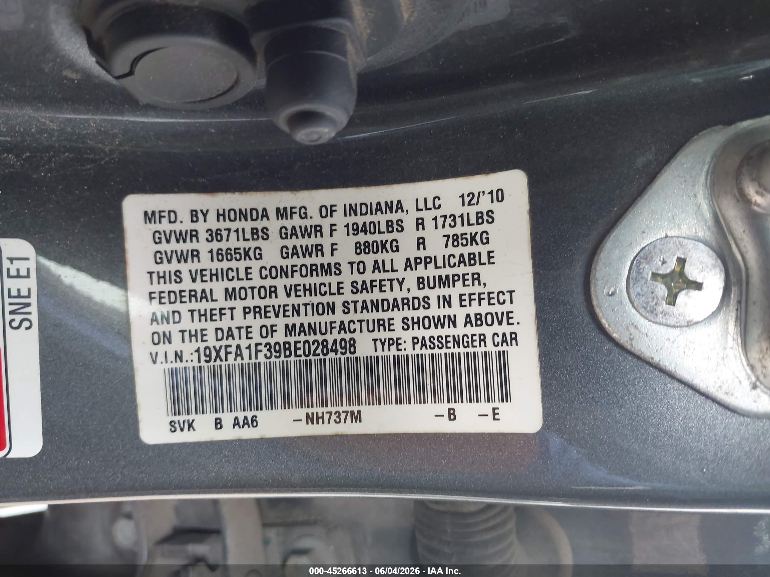2011 Honda Civic Vp Gray vin: 19XFA1F39BE028498