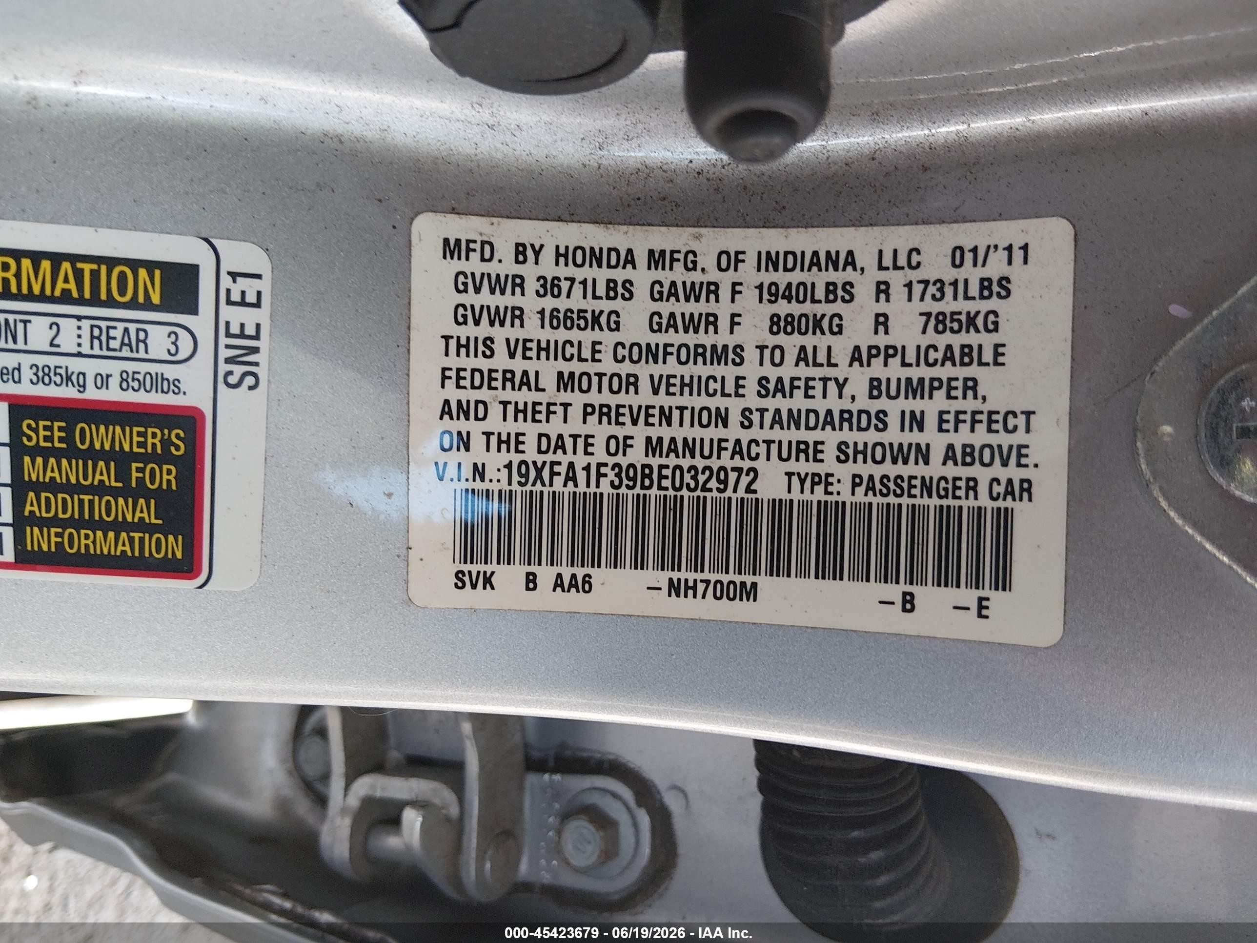 2011 Honda Civic Vp Silver vin: 19XFA1F39BE032972