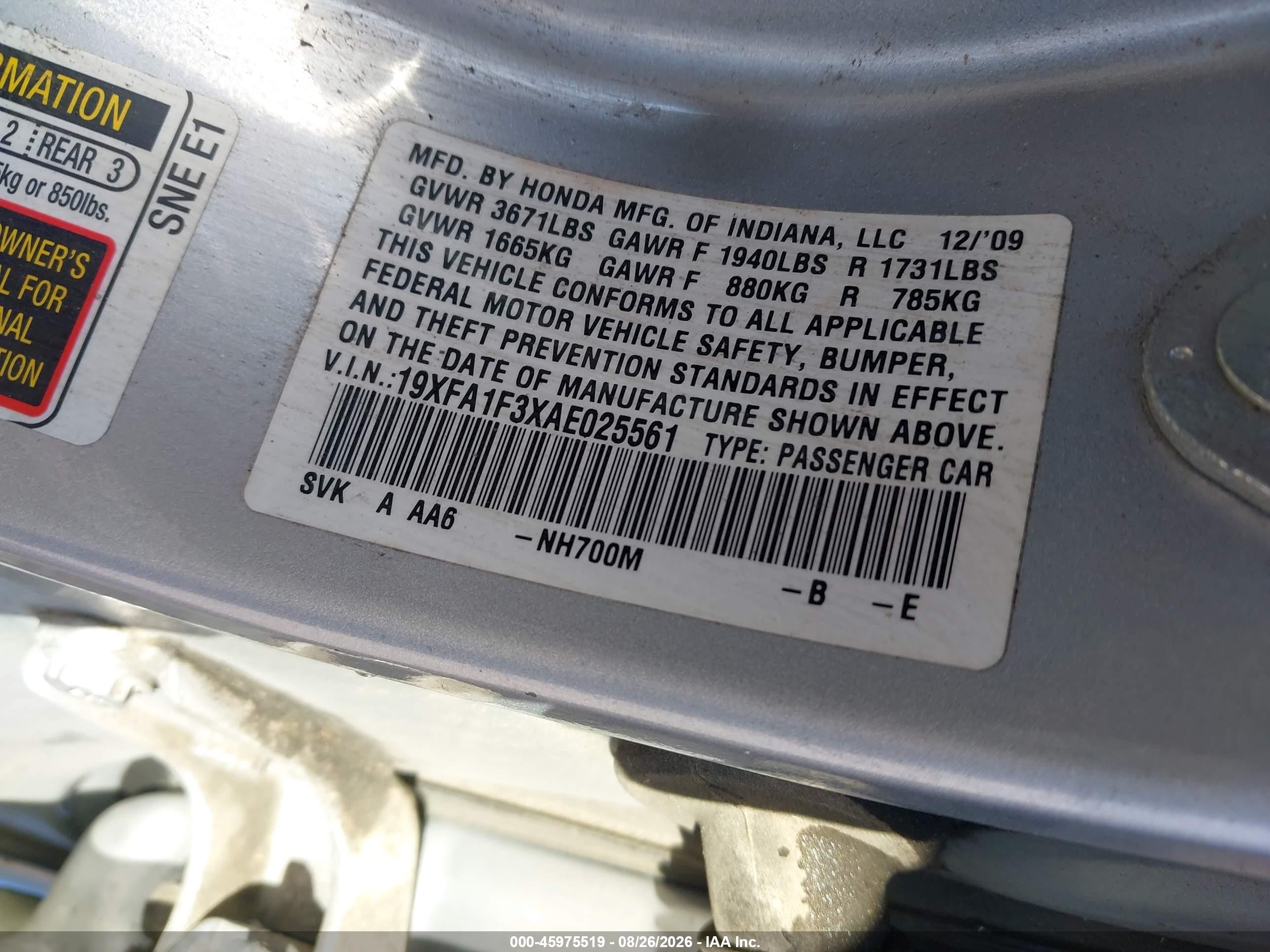2010 Honda Civic Vp Silver vin: 19XFA1F3XAE025561