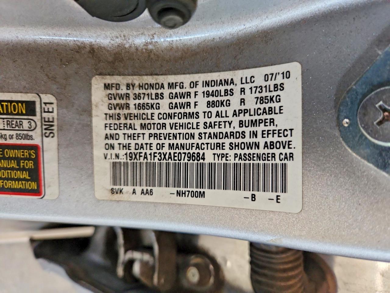 2010 Honda Civic Vp Silver vin: 19XFA1F3XAE079684