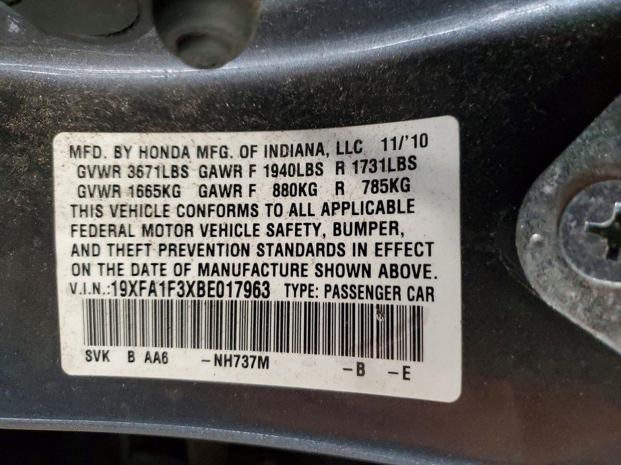 2011 Honda Civic Vp Gray vin: 19XFA1F3XBE017963