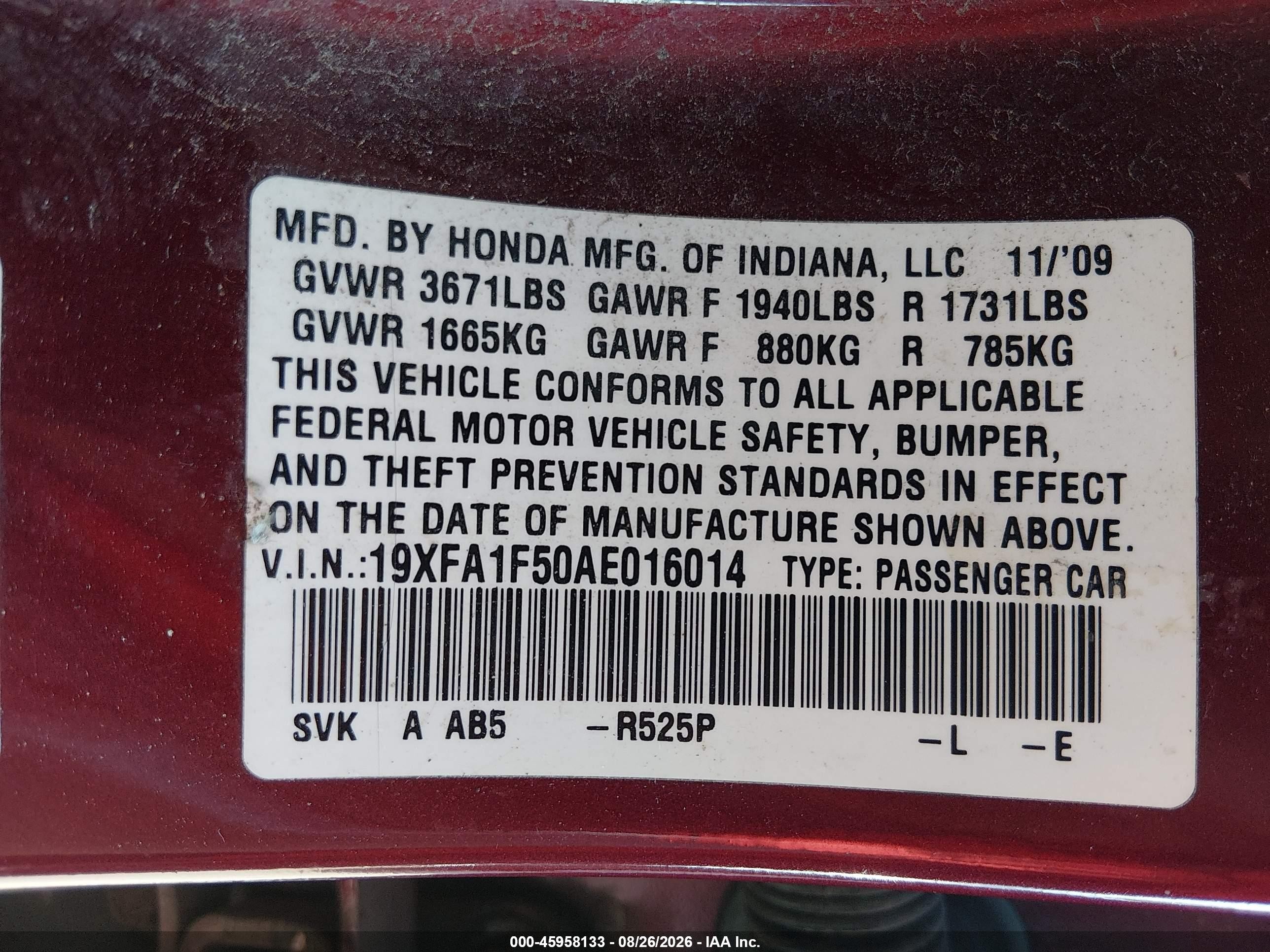 2010 Honda Civic Lx Red vin: 19XFA1F50AE016014