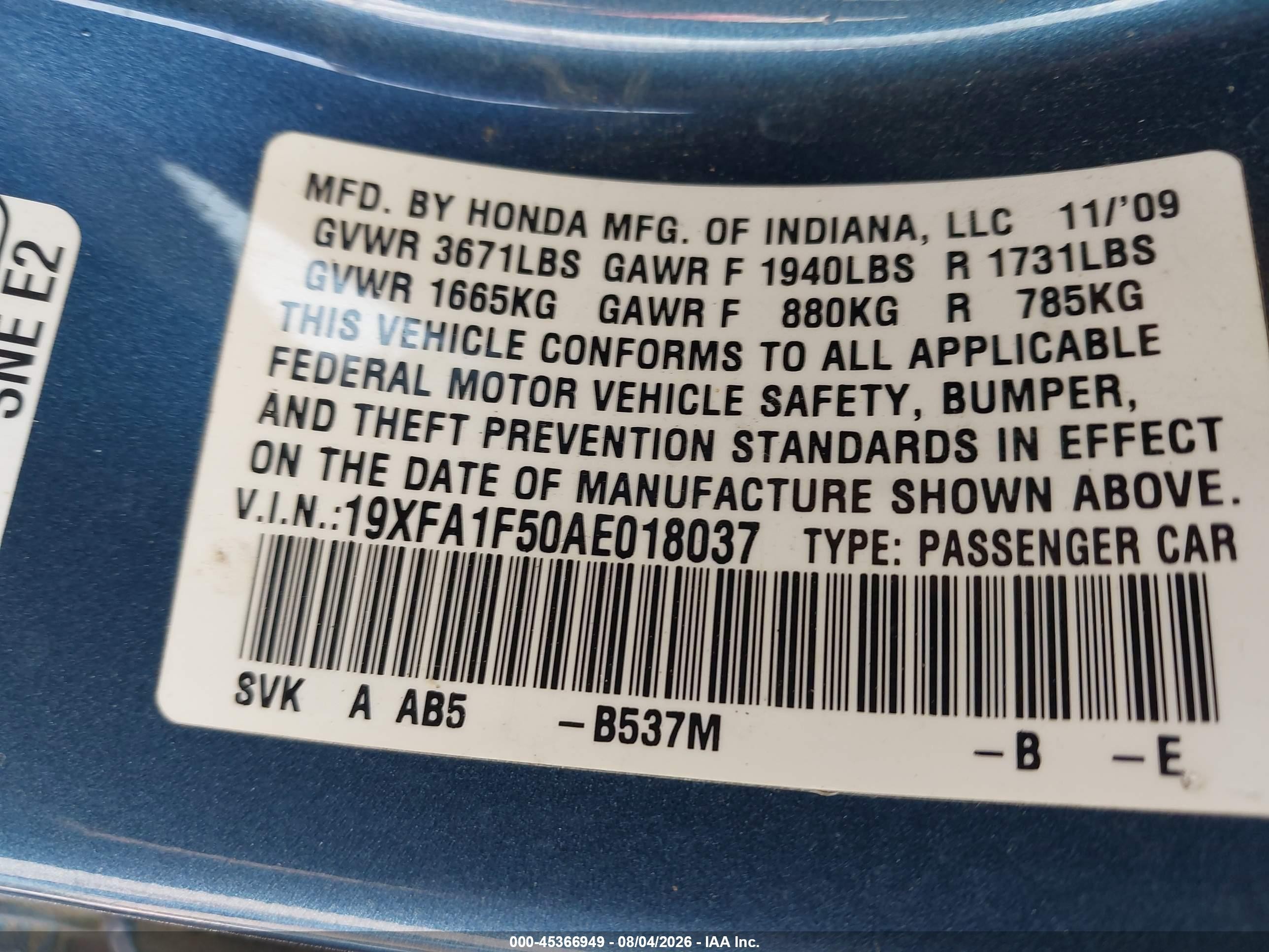 2010 Honda Civic Lx Blue vin: 19XFA1F50AE018037