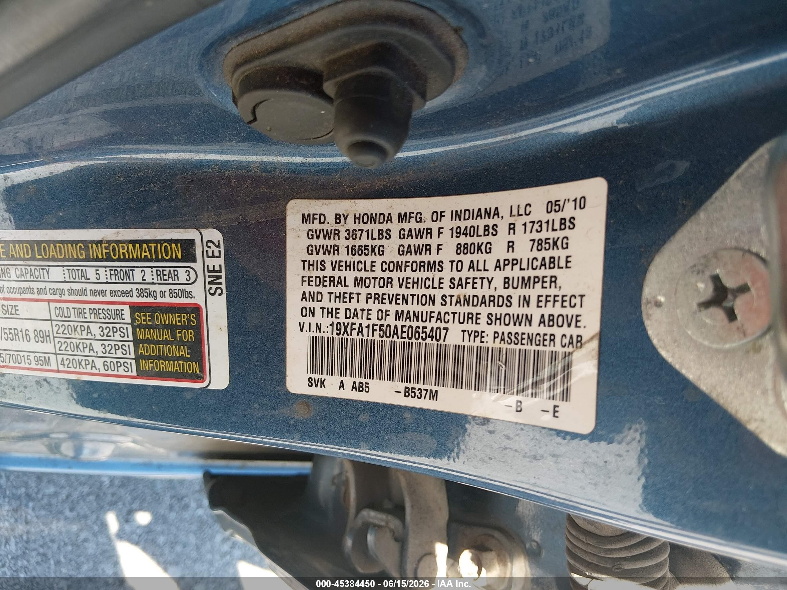 2010 Honda Civic Lx Blue vin: 19XFA1F50AE065407