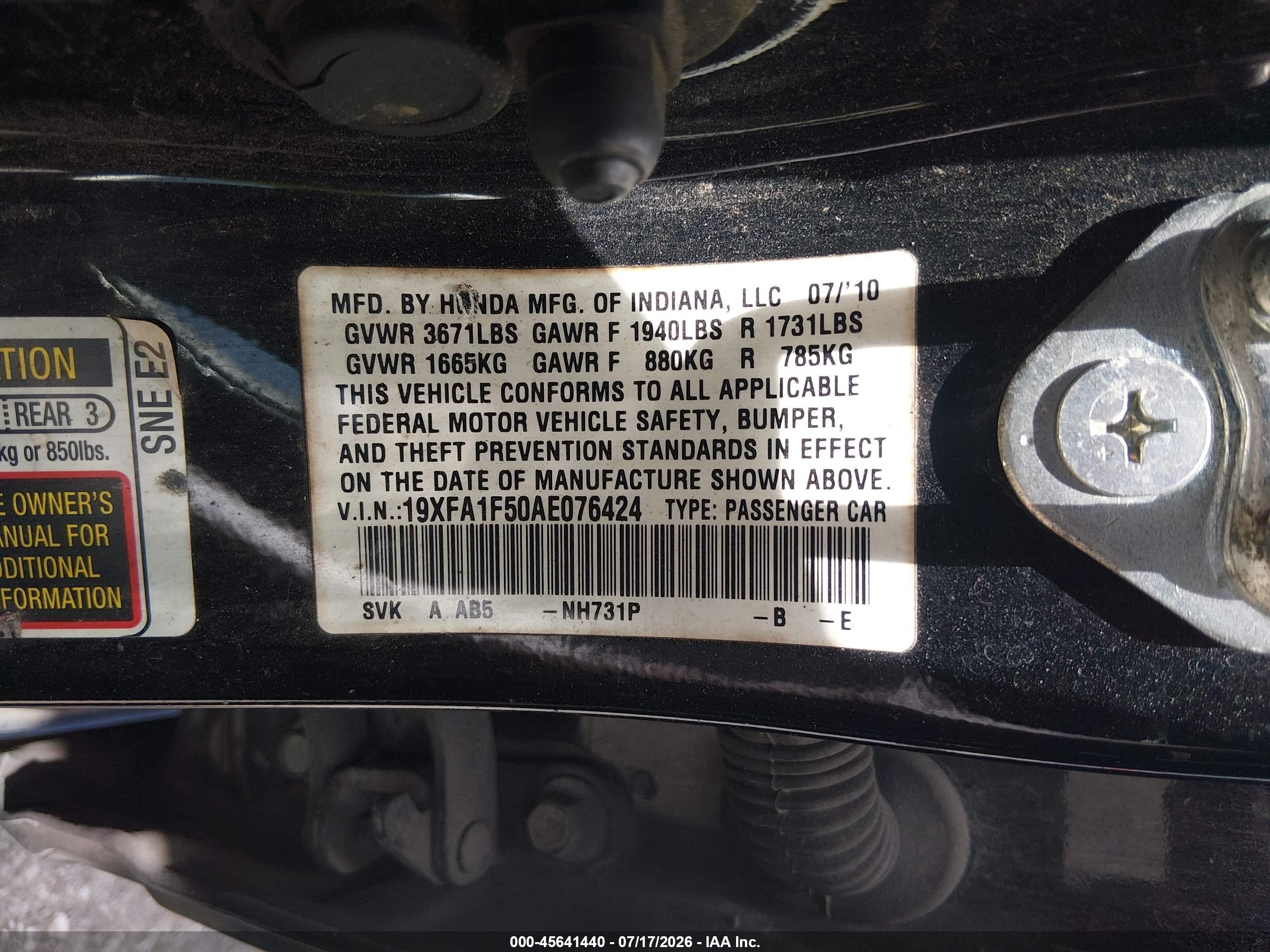2010 Honda Civic Lx Black vin: 19XFA1F50AE076424
