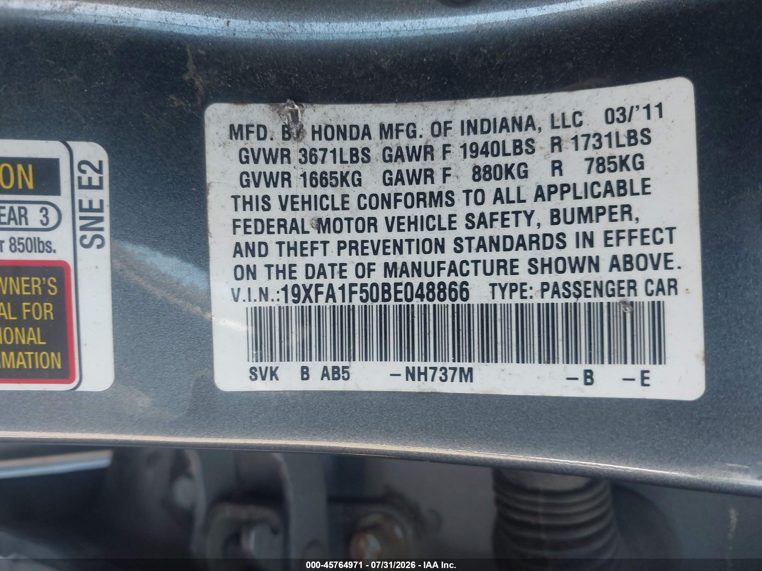 2011 Honda Civic Lx Gray vin: 19XFA1F50BE048866