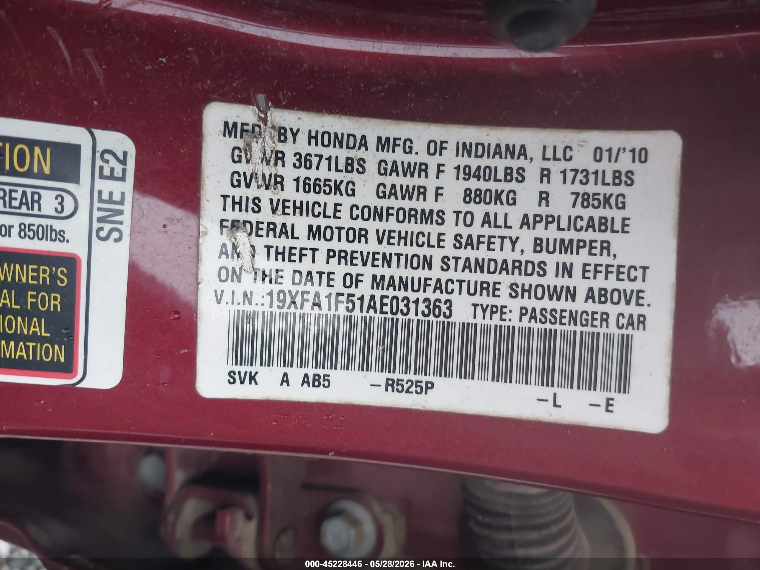 2010 Honda Civic Lx Red vin: 19XFA1F51AE031363