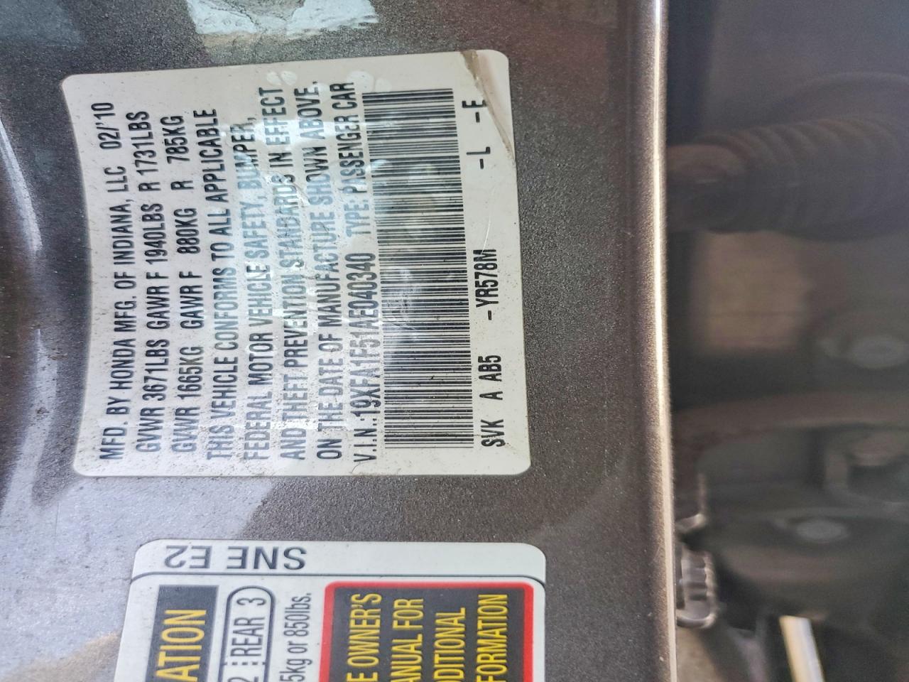 2010 Honda Civic Lx Charcoal vin: 19XFA1F51AE040340