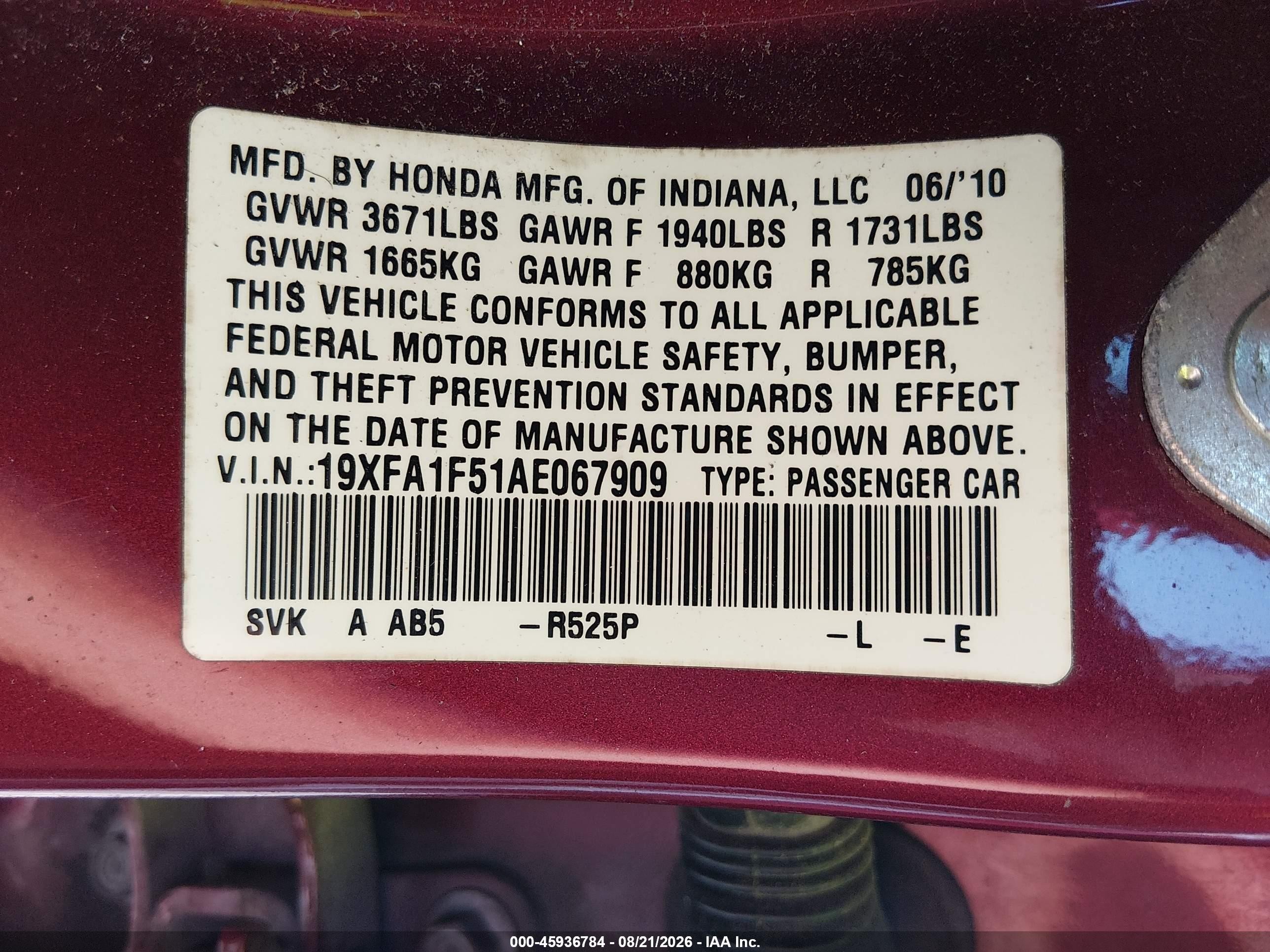 2010 Honda Civic Lx Red vin: 19XFA1F51AE067909