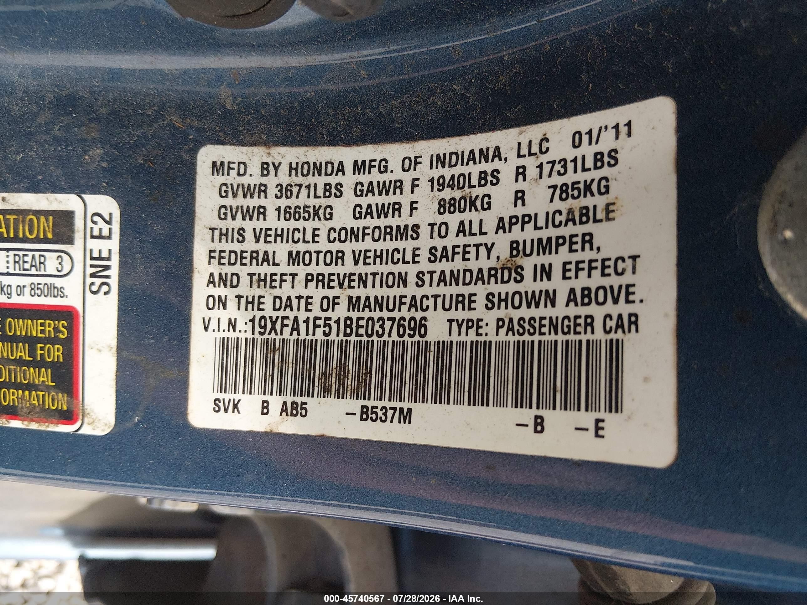 2011 Honda Civic Lx Blue vin: 19XFA1F51BE037696