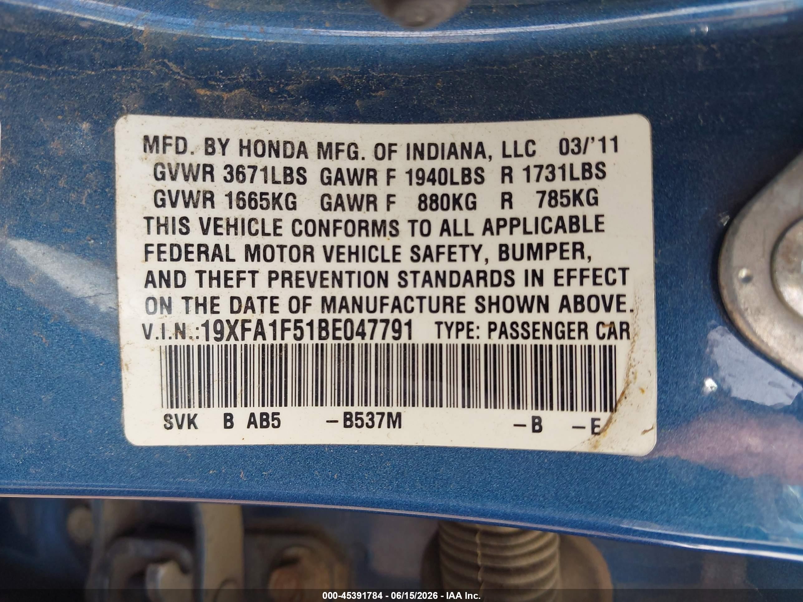 2011 Honda Civic Lx Blue vin: 19XFA1F51BE047791