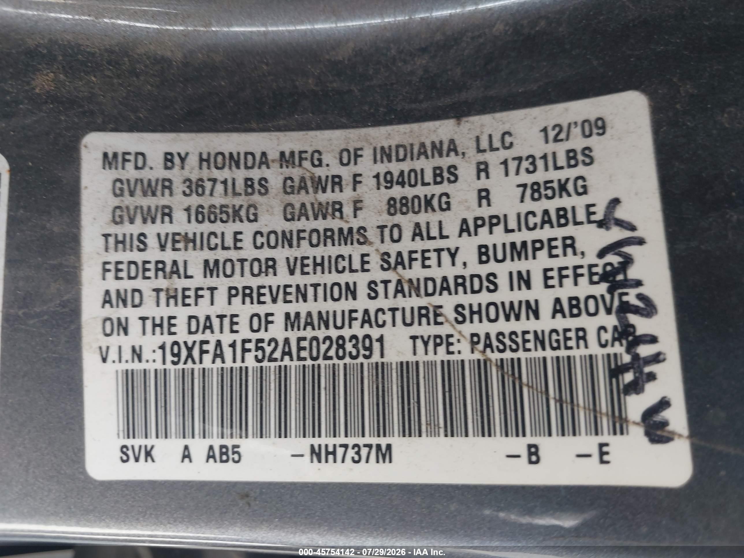2010 Honda Civic Lx Gray vin: 19XFA1F52AE028391