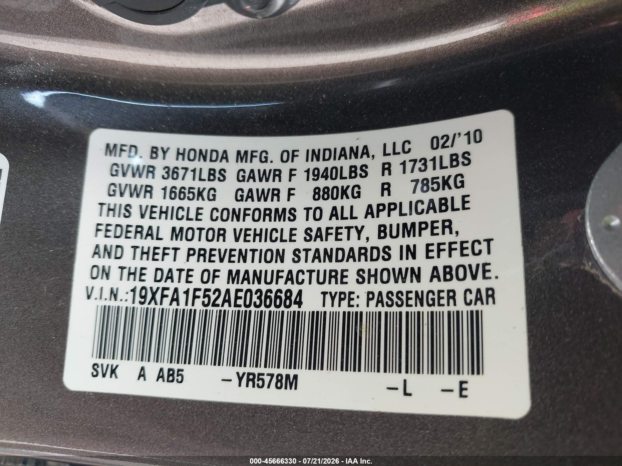 2010 Honda Civic Lx Champagne vin: 19XFA1F52AE036684