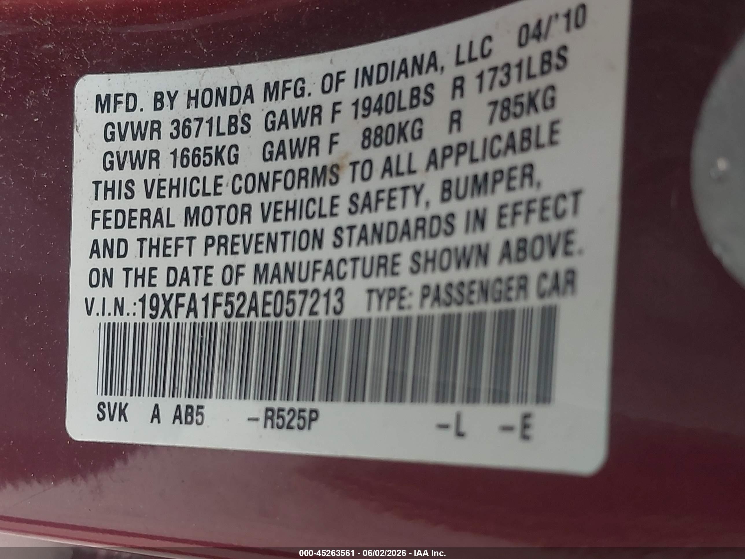 2010 Honda Civic Lx Maroon vin: 19XFA1F52AE057213