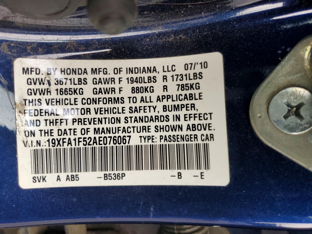 2010 Honda Civic Lx Blue vin: 19XFA1F52AE076067