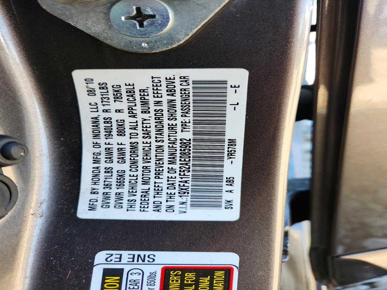 2010 Honda Civic Lx Gray vin: 19XFA1F52AE085982