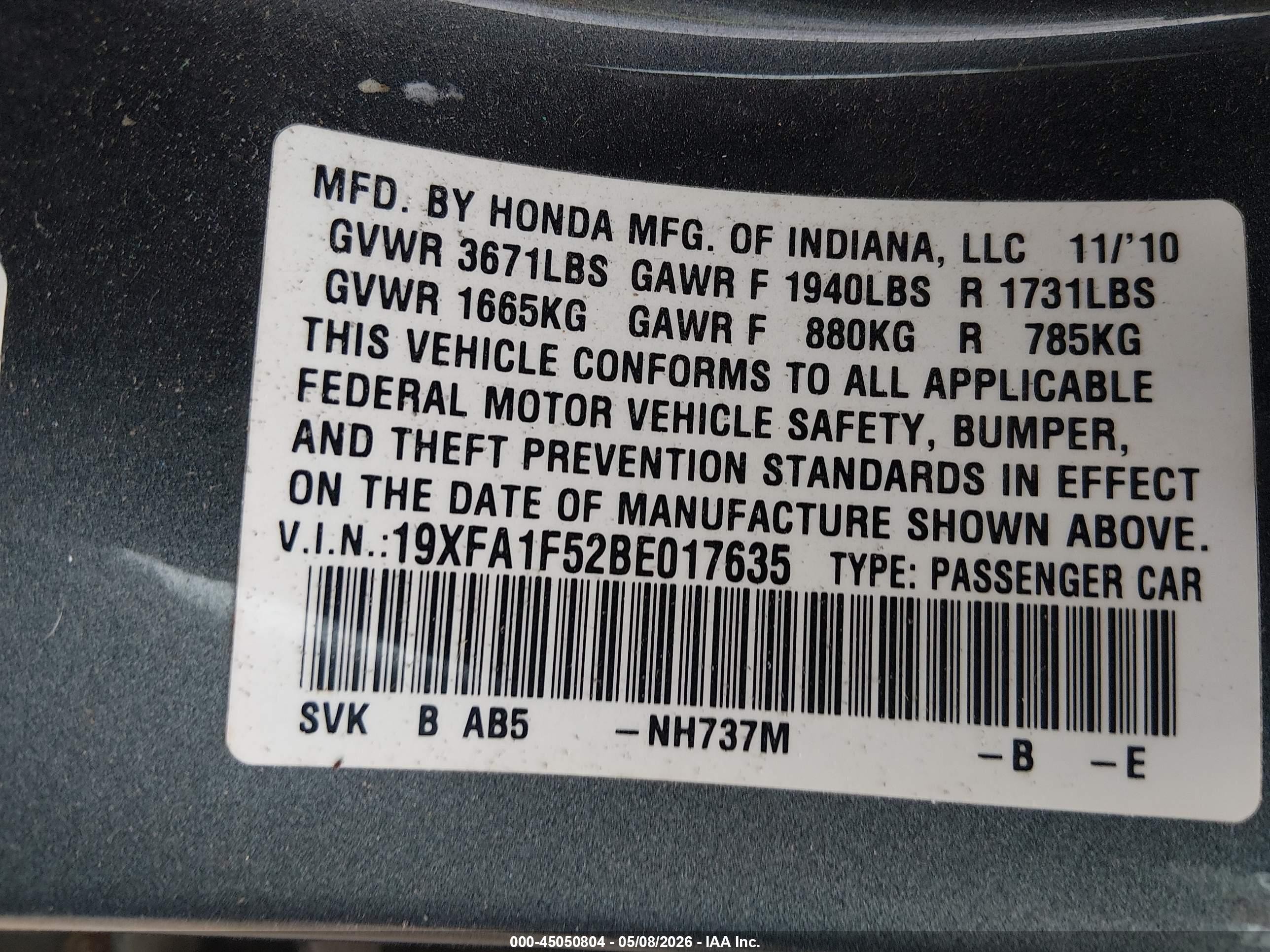 2011 Honda Civic Lx Gray vin: 19XFA1F52BE017635