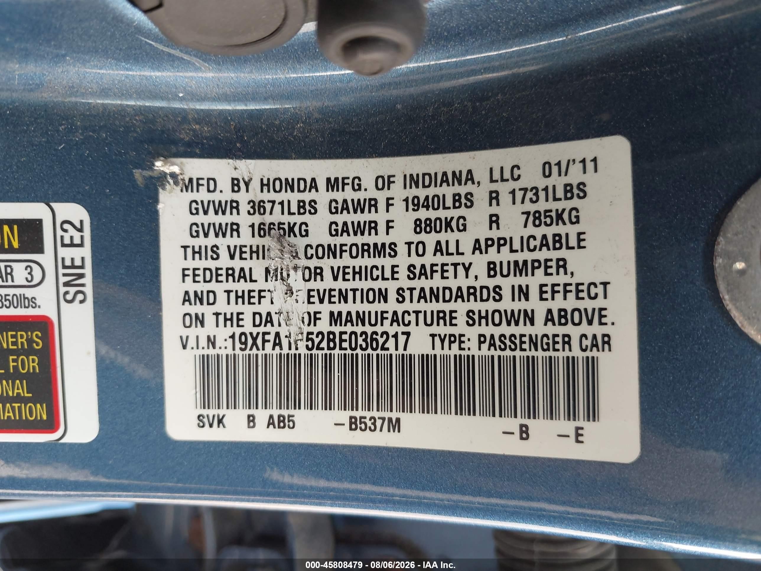 2011 Honda Civic Lx Синий vin: 19XFA1F52BE036217
