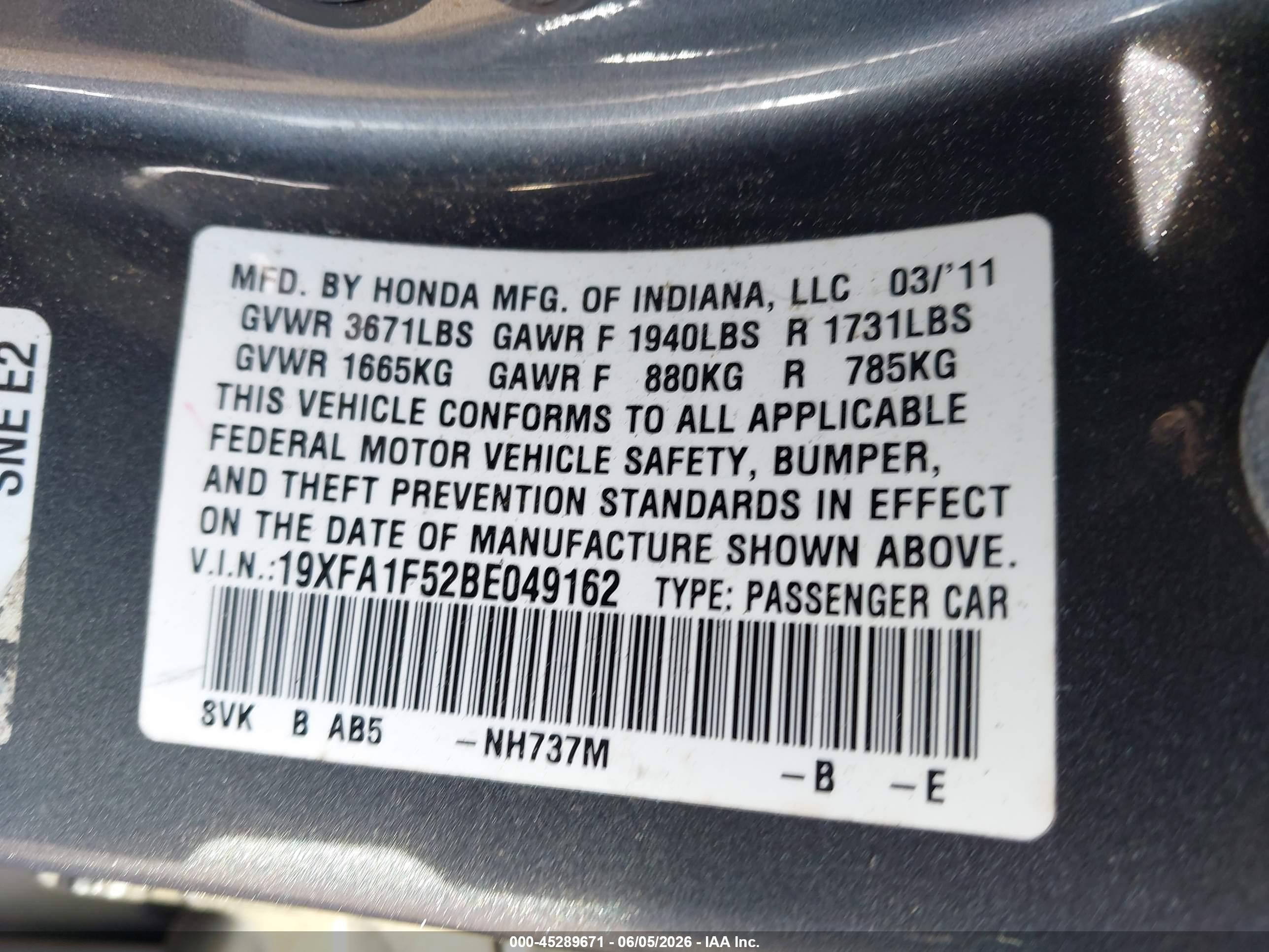 2011 Honda Civic Lx Gray vin: 19XFA1F52BE049162
