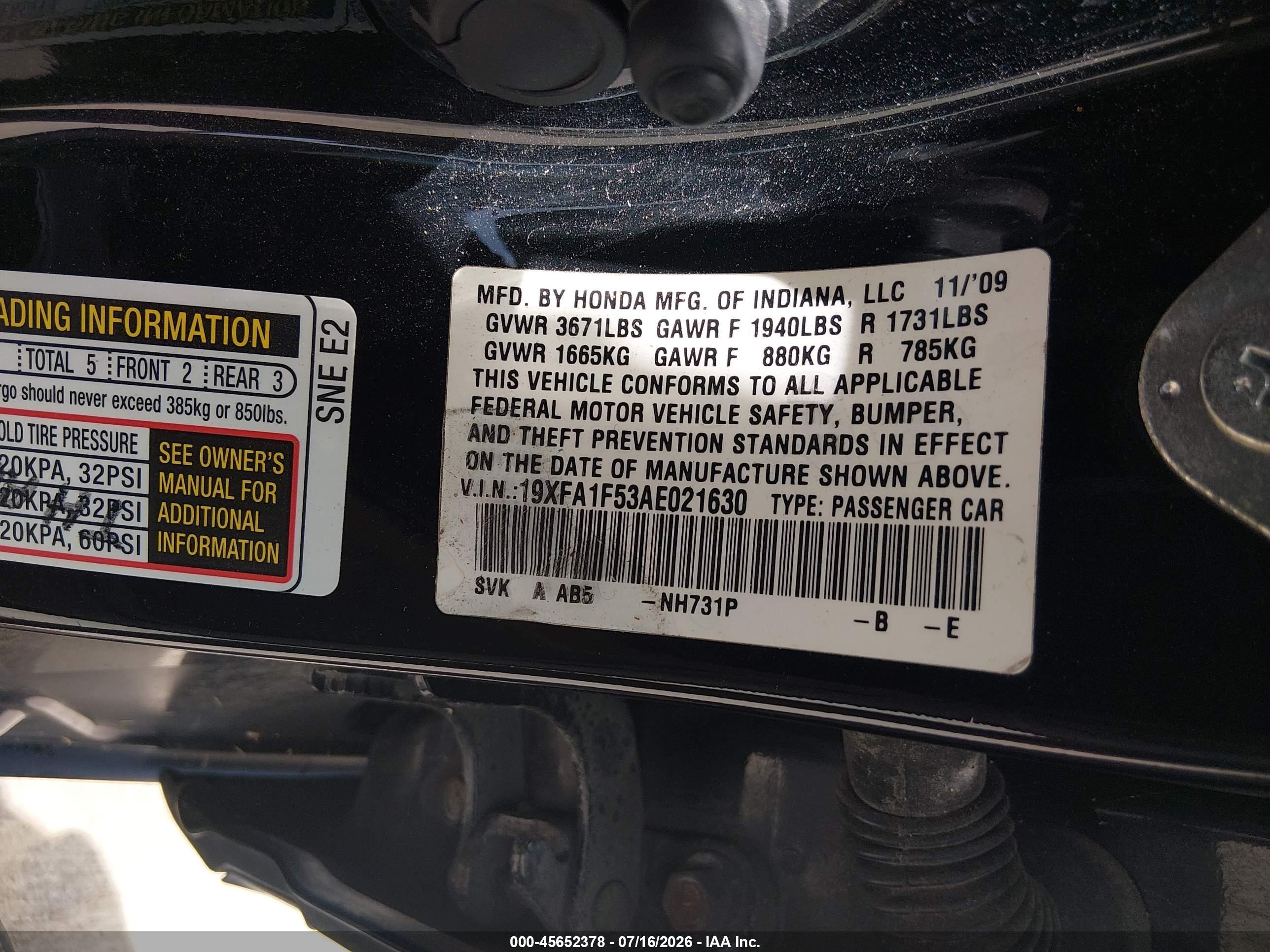 2010 Honda Civic Lx Black vin: 19XFA1F53AE021630