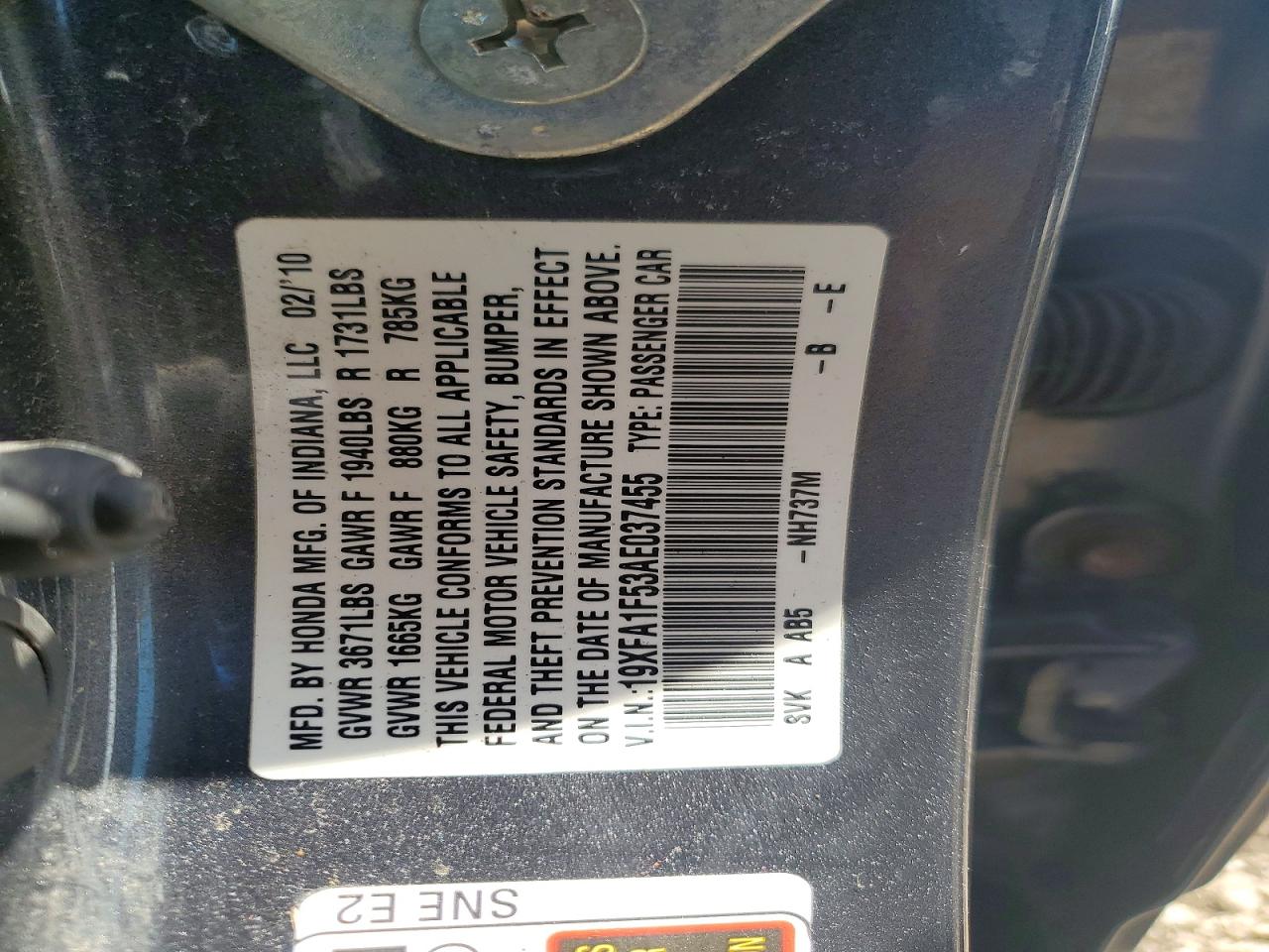 2010 Honda Civic Lx Charcoal vin: 19XFA1F53AE037455