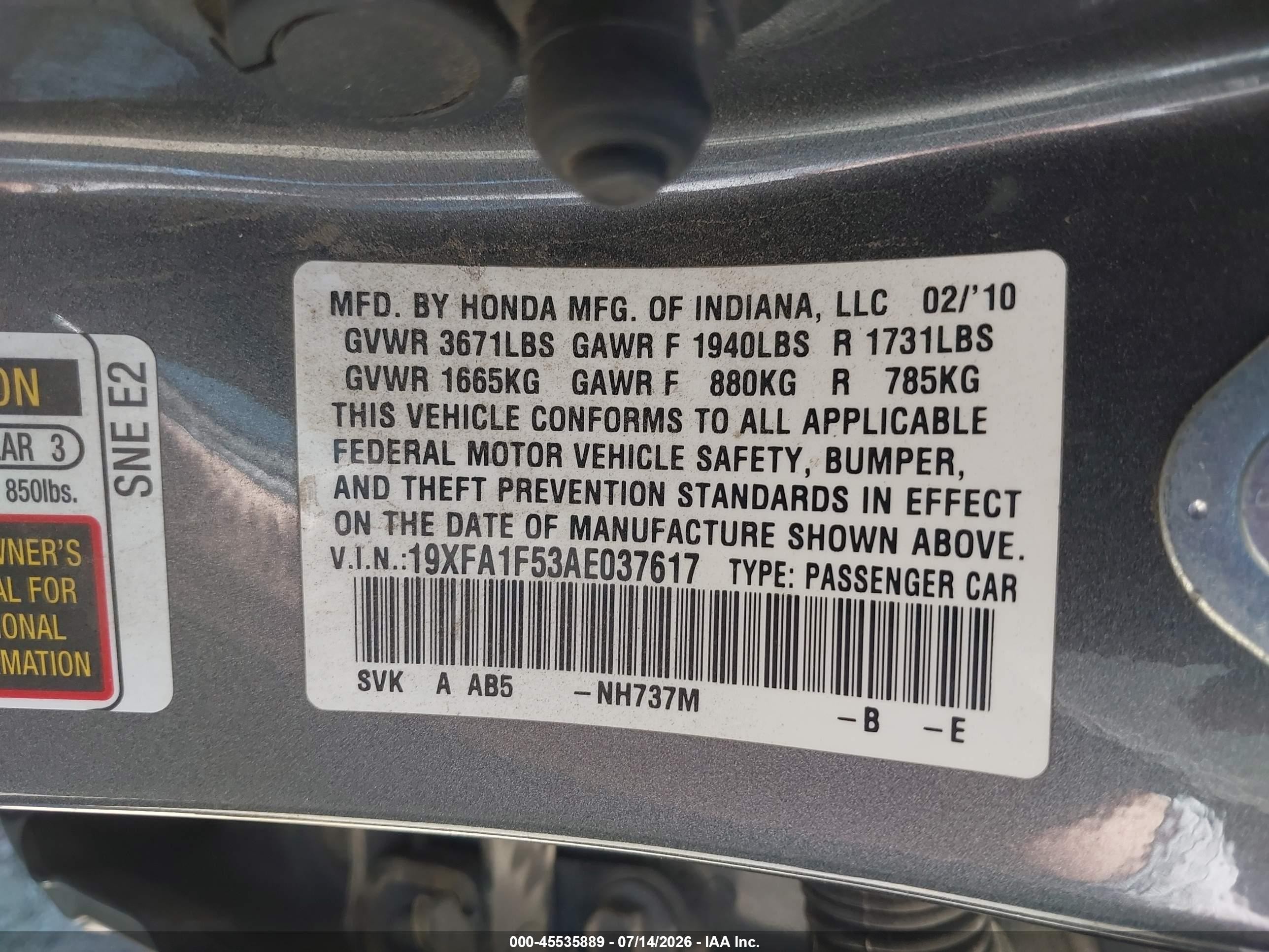 2010 Honda Civic Lx Gray vin: 19XFA1F53AE037617