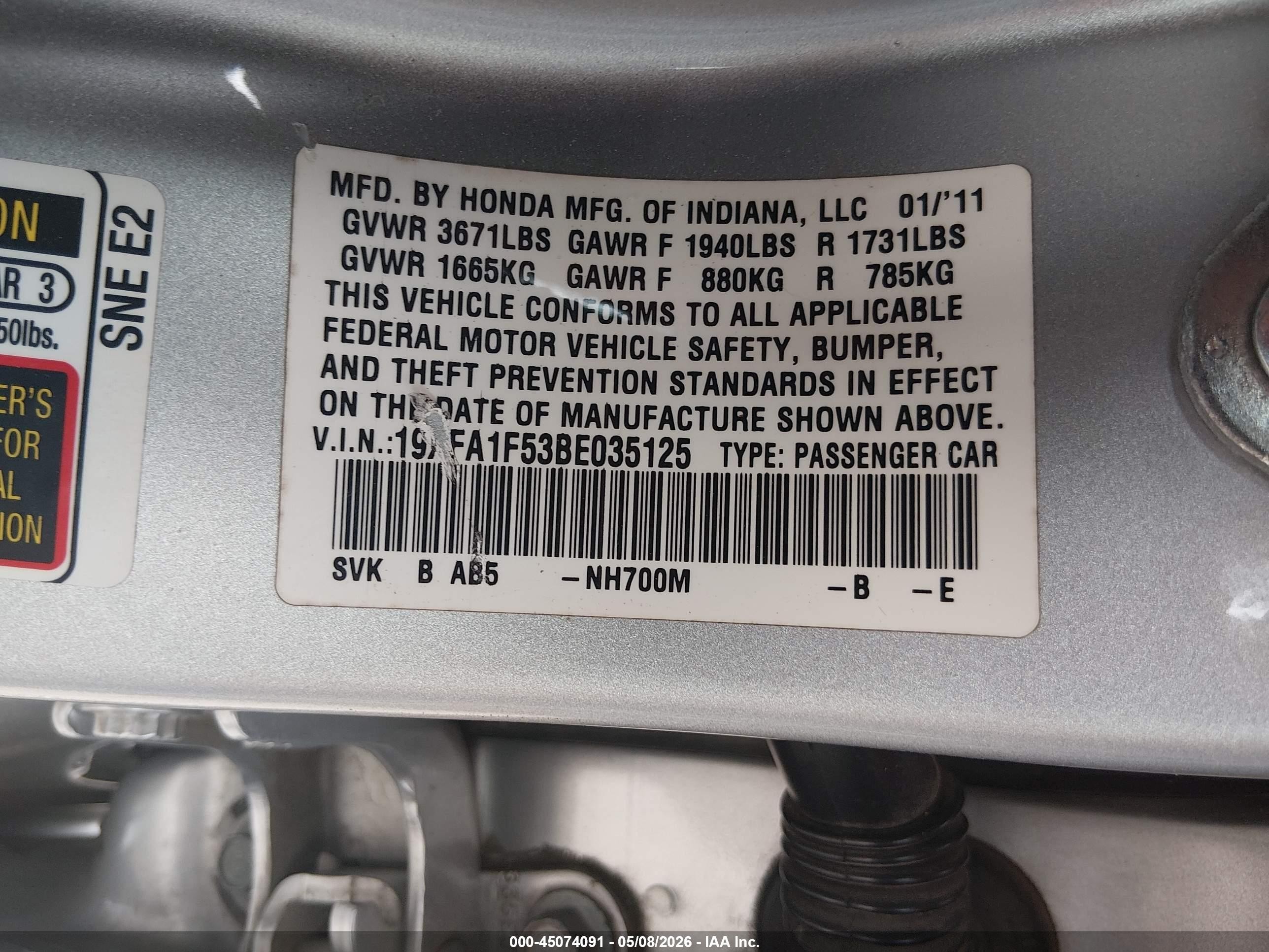 2011 Honda Civic Lx Серый vin: 19XFA1F53BE035125