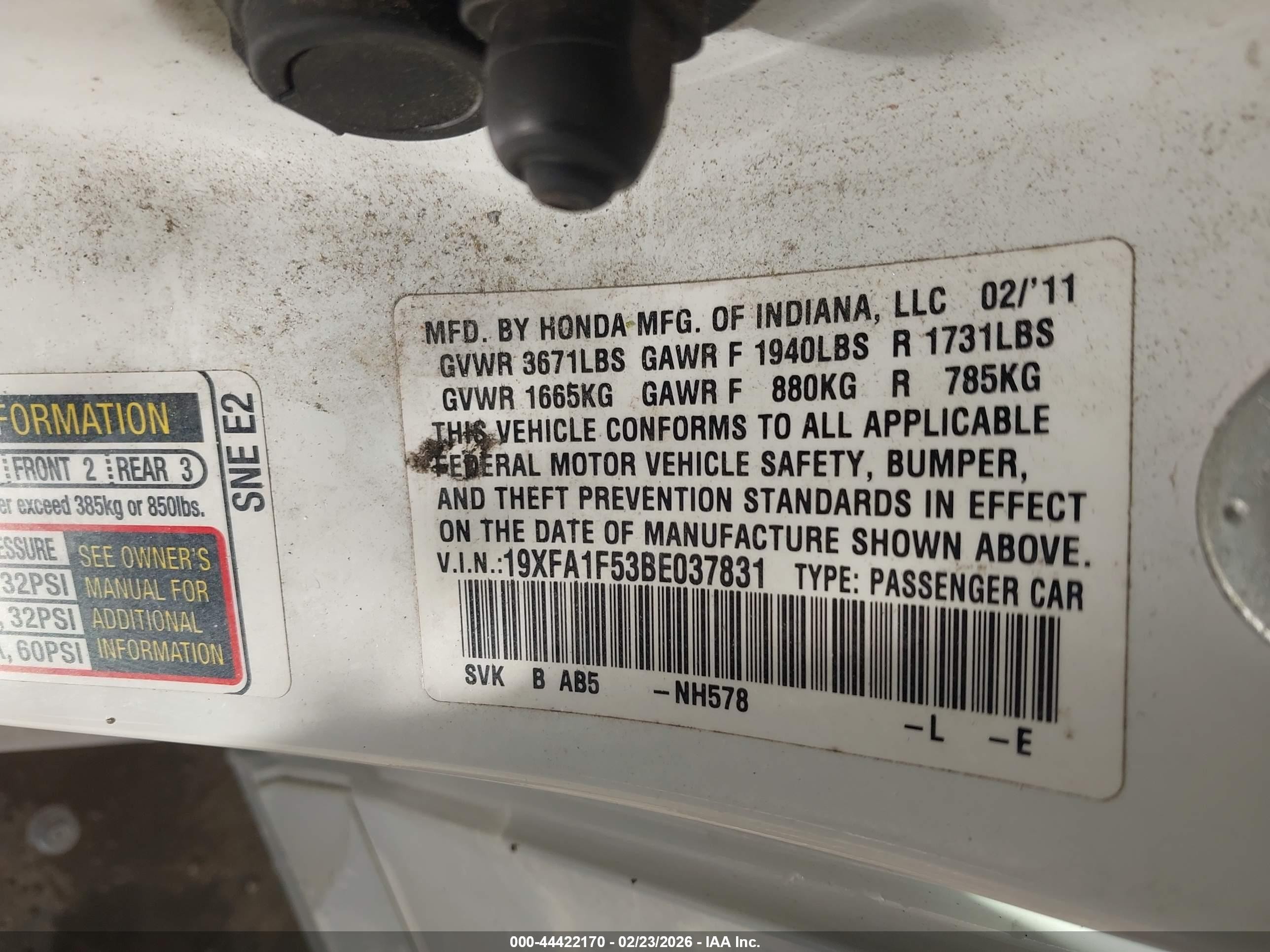 2011 Honda Civic Lx White vin: 19XFA1F53BE037831