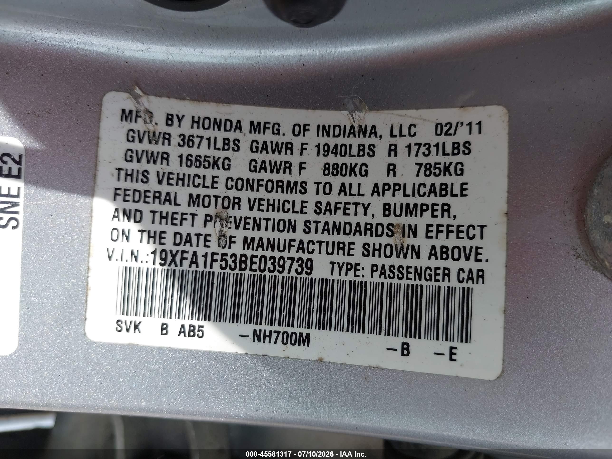 2011 Honda Civic Lx Silver vin: 19XFA1F53BE039739