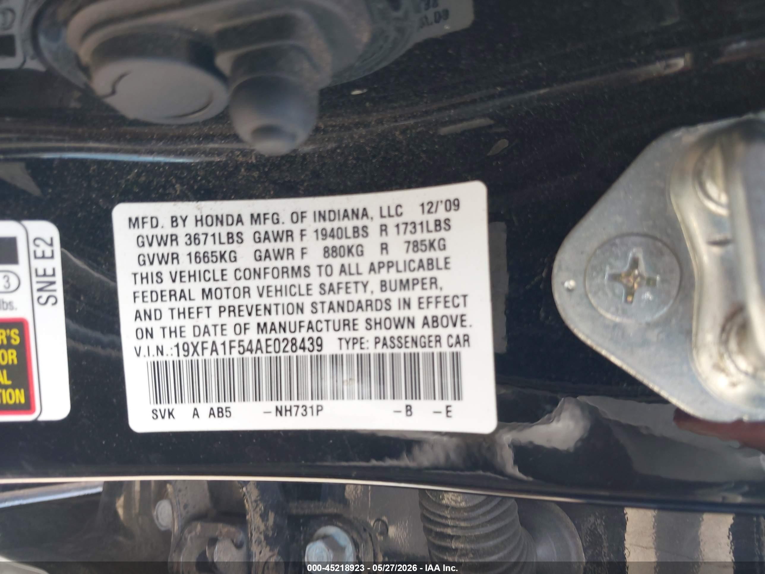 2010 Honda Civic Lx Black vin: 19XFA1F54AE028439