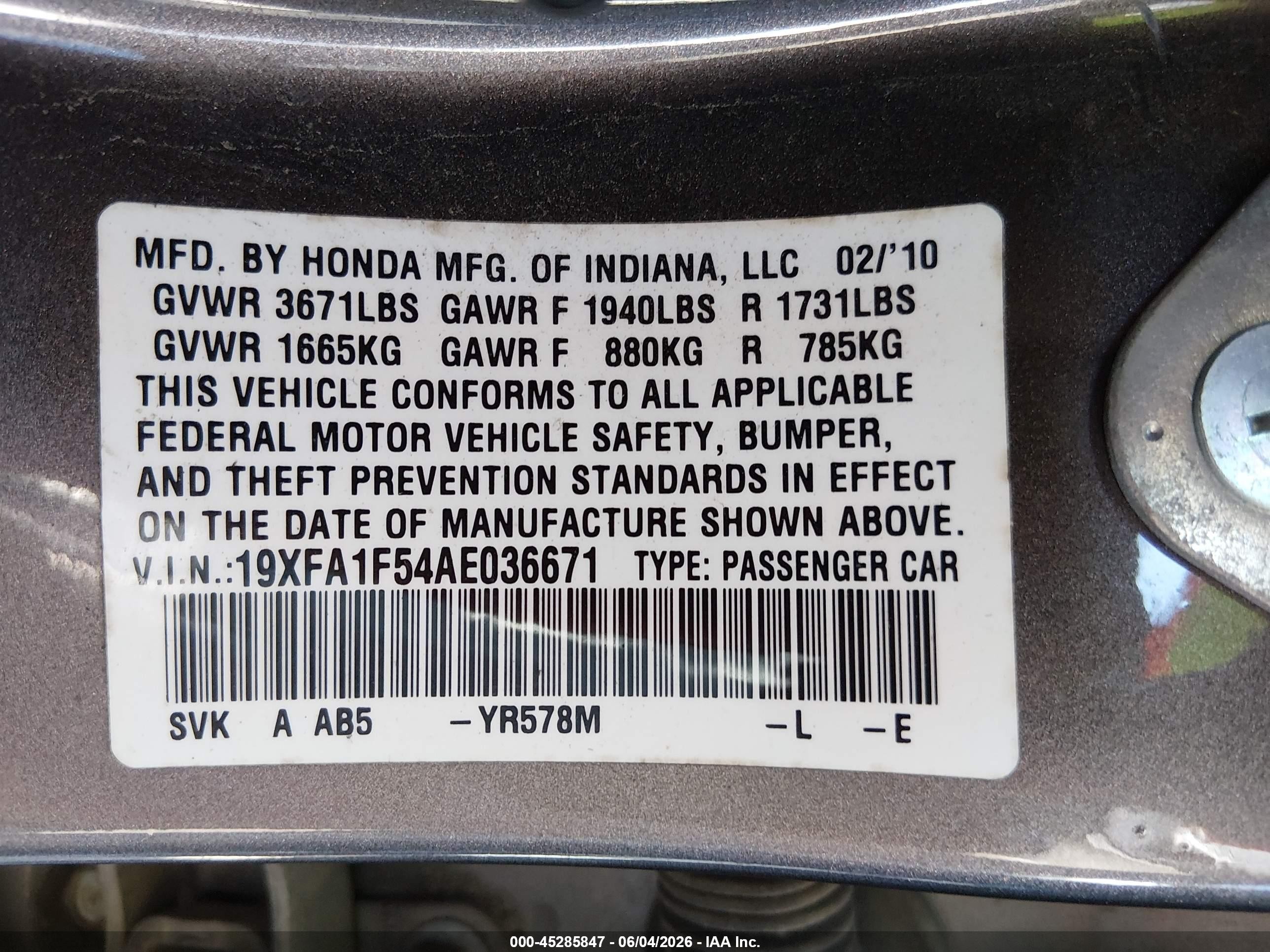 2010 Honda Civic Lx Gray vin: 19XFA1F54AE036671