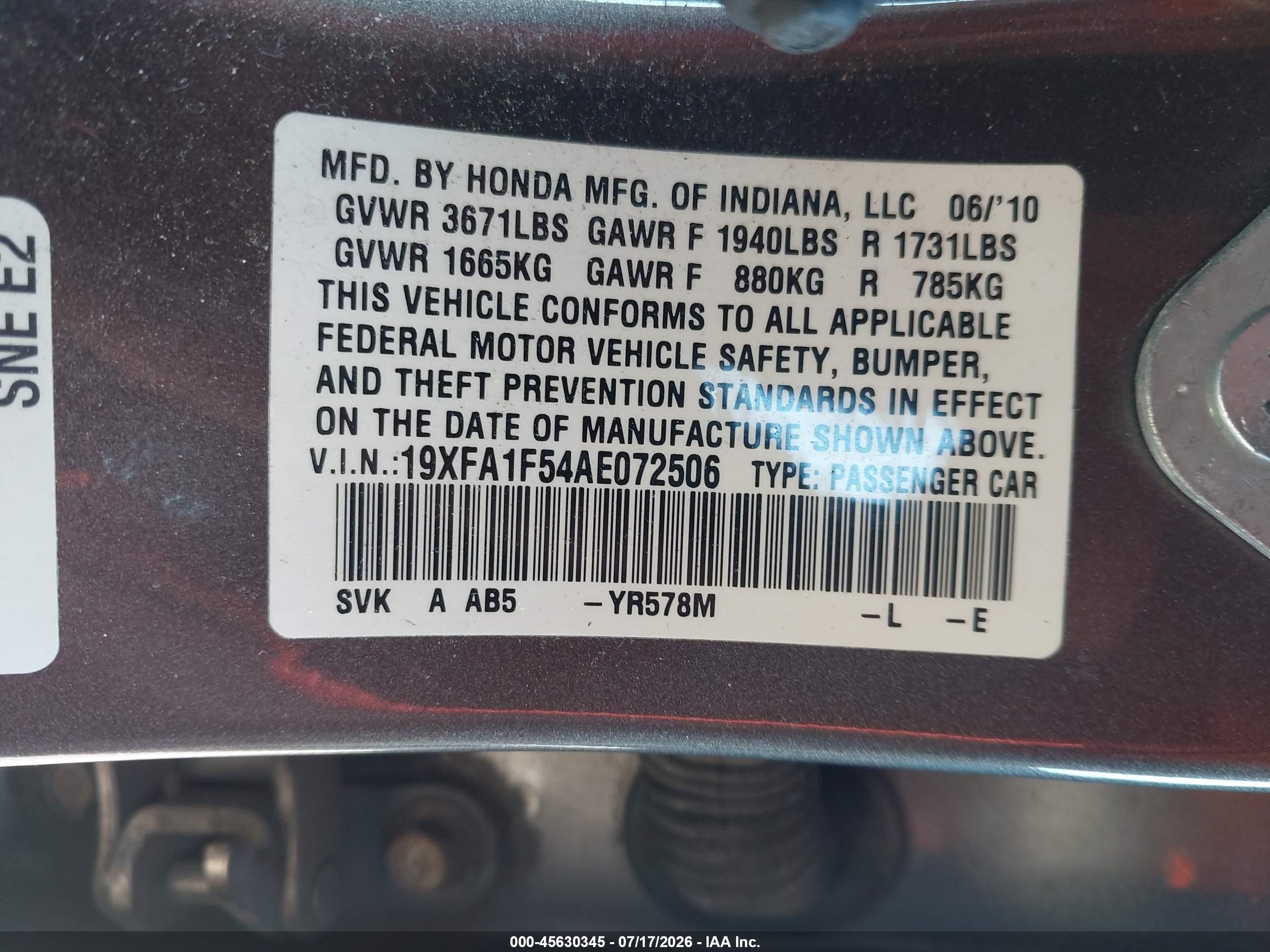 2010 Honda Civic Lx Brown vin: 19XFA1F54AE072506