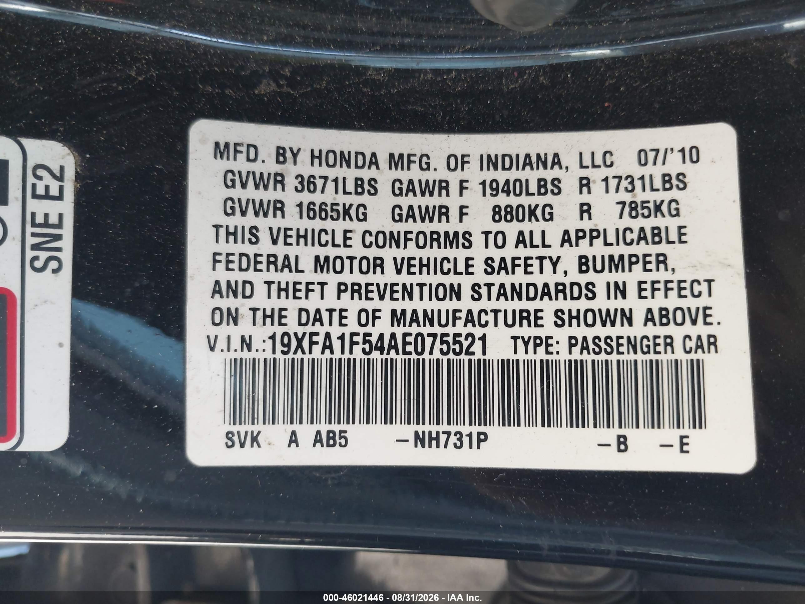 2010 Honda Civic Lx Black vin: 19XFA1F54AE075521