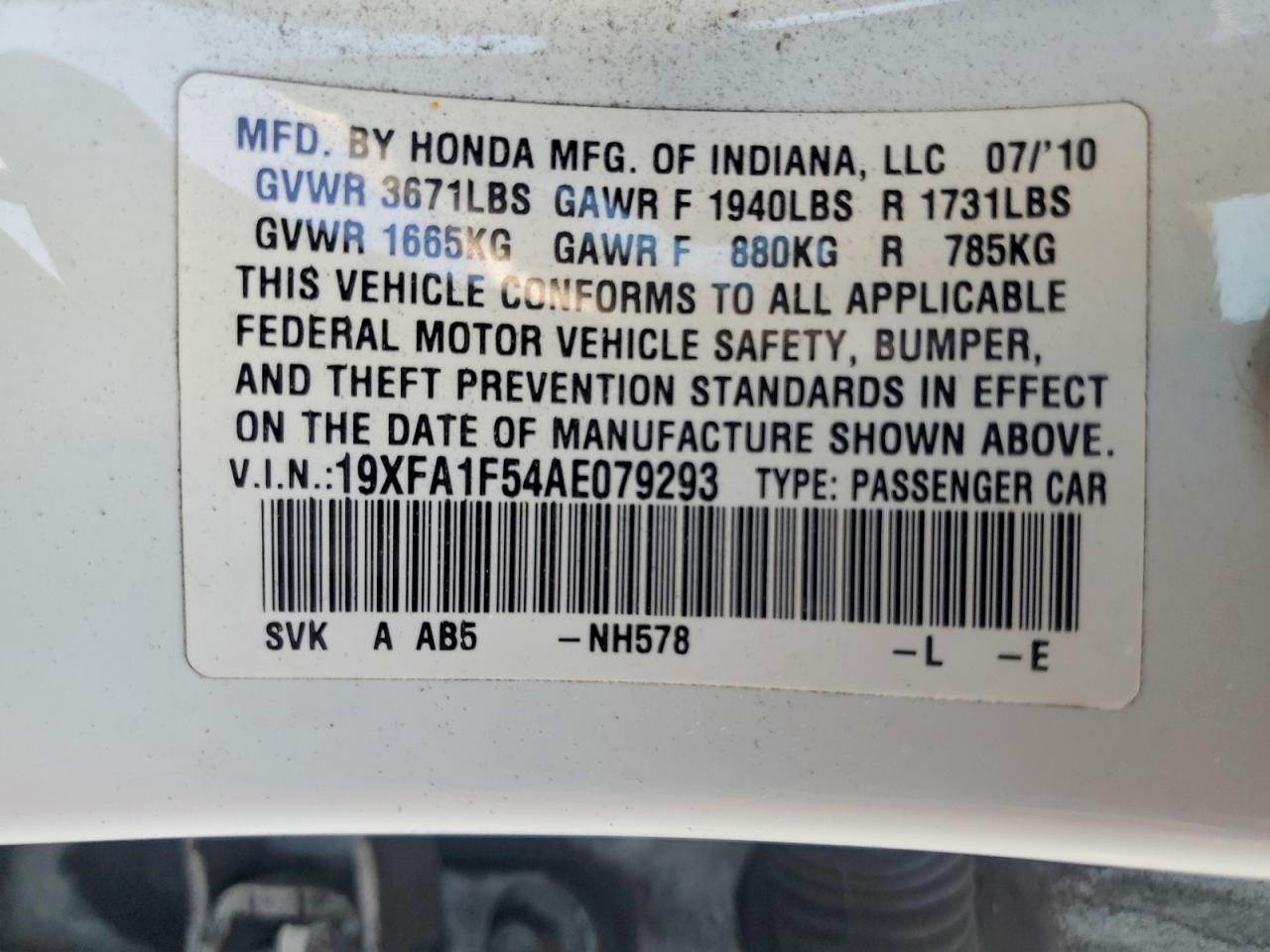 2010 Honda Civic Lx White vin: 19XFA1F54AE079293