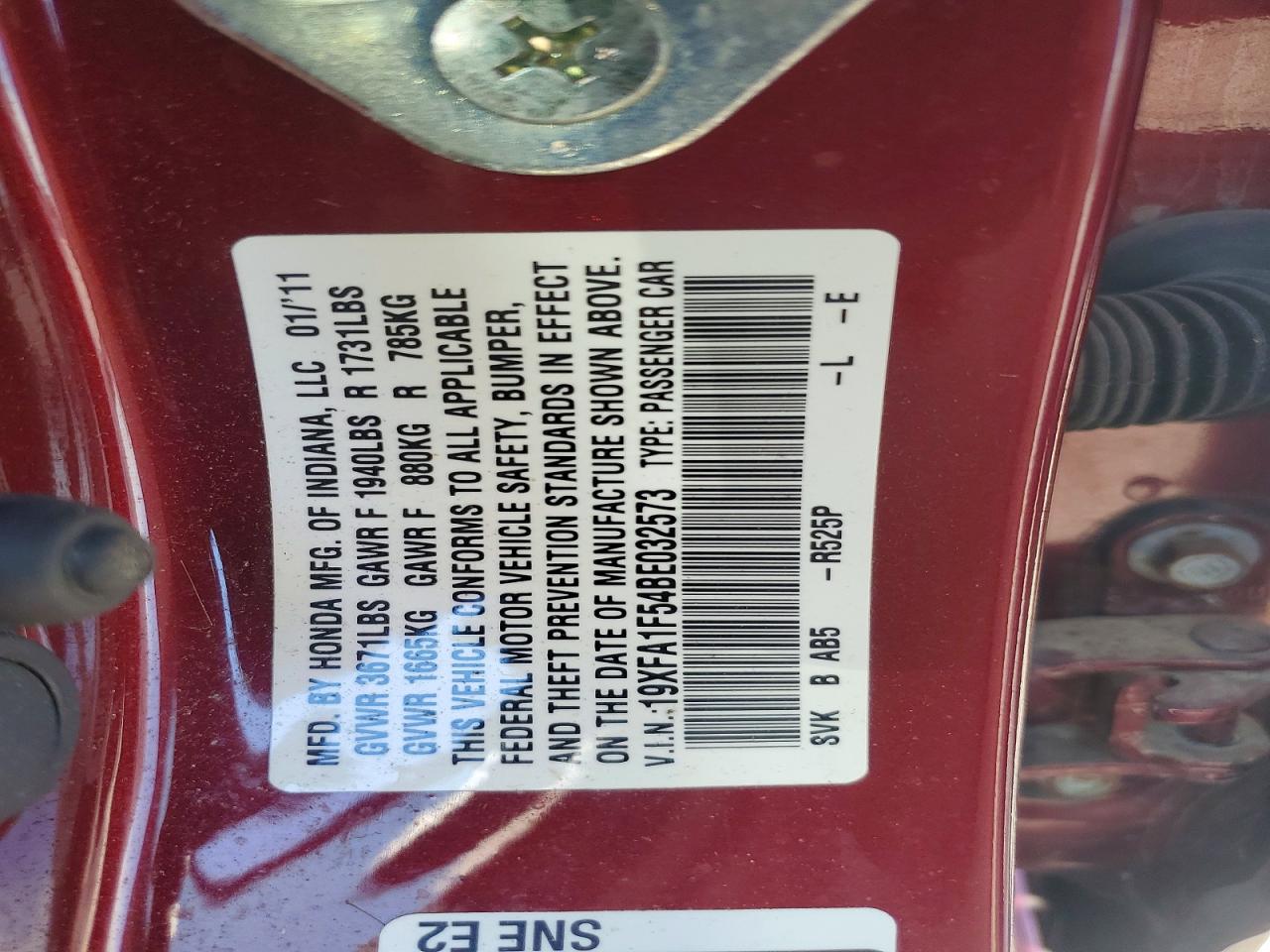 2011 Honda Civic Lx Red vin: 19XFA1F54BE032573