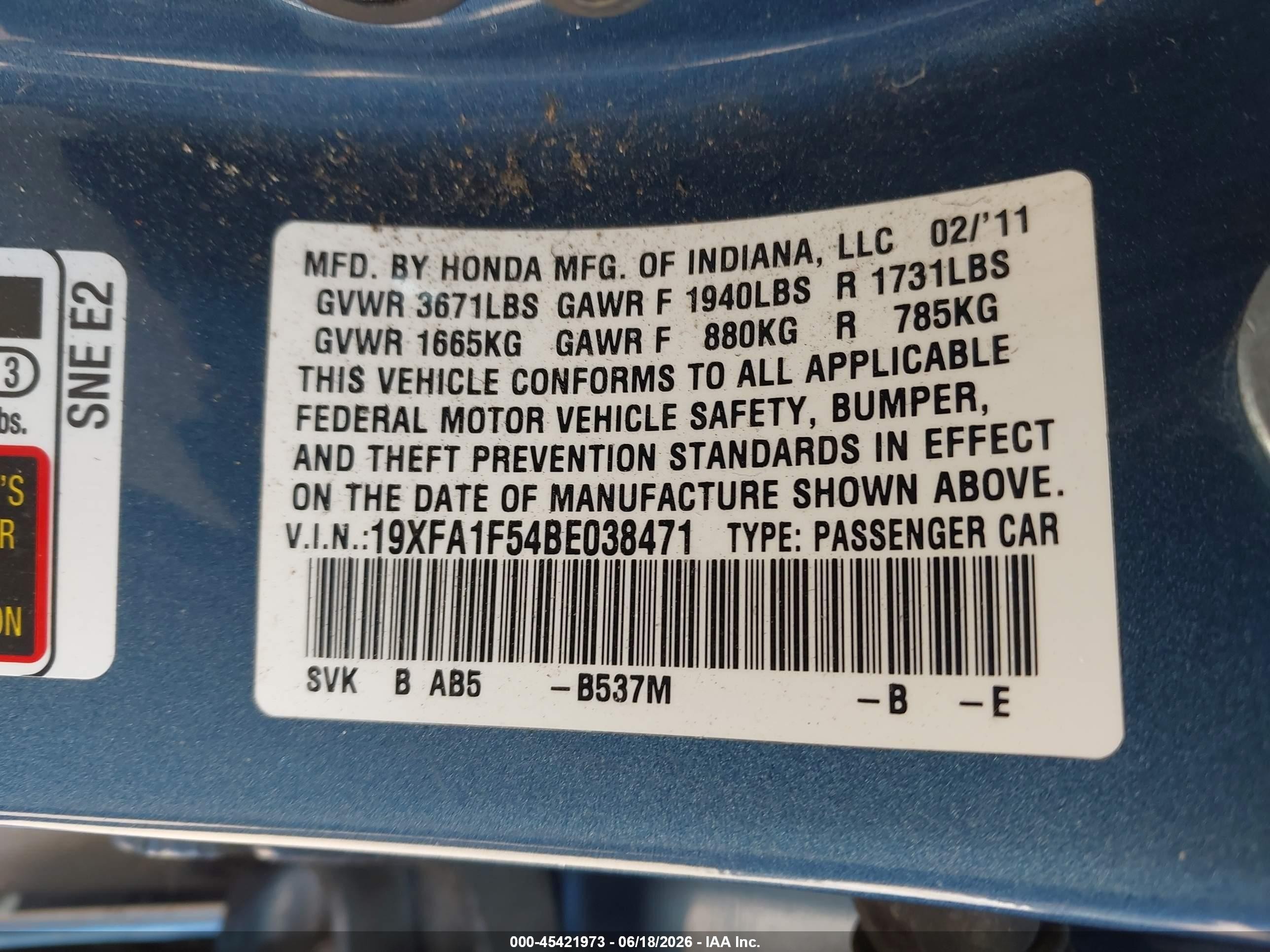 2011 Honda Civic Lx Blue vin: 19XFA1F54BE038471