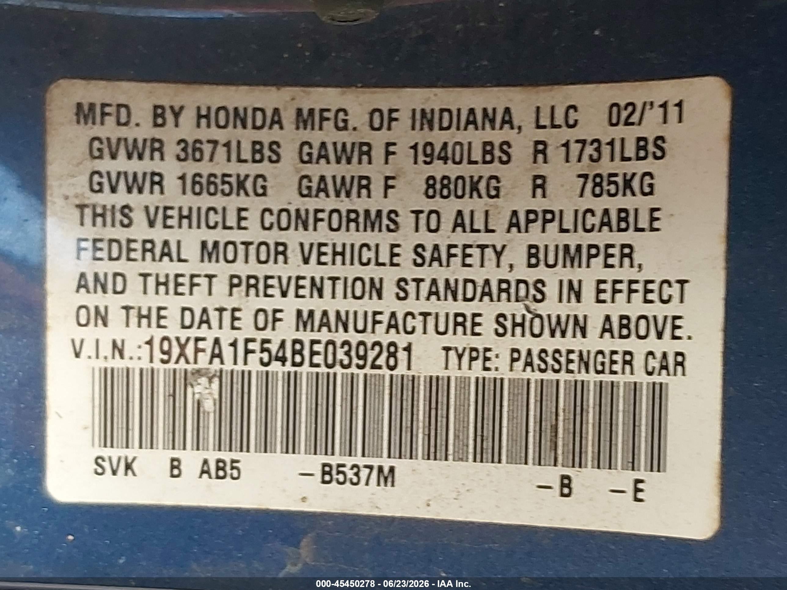 2011 Honda Civic Lx Blue vin: 19XFA1F54BE039281