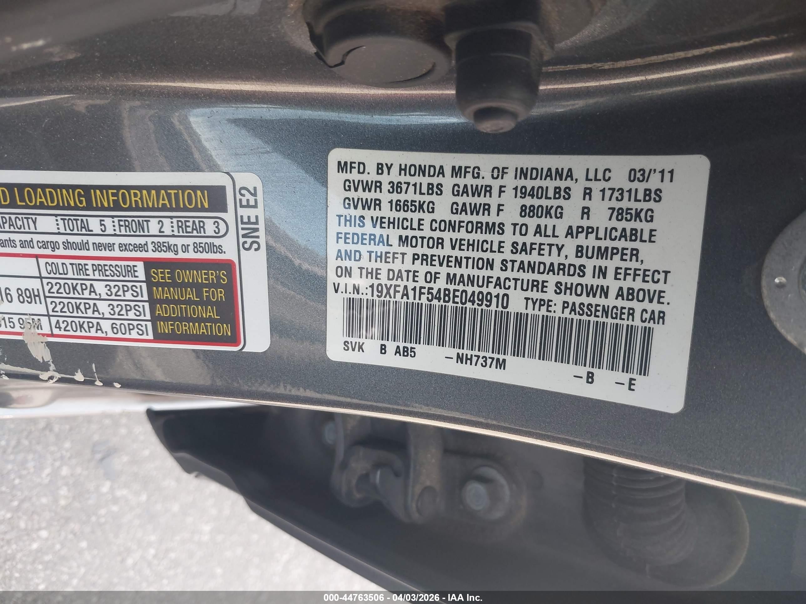 2011 Honda Civic Lx Gray vin: 19XFA1F54BE049910