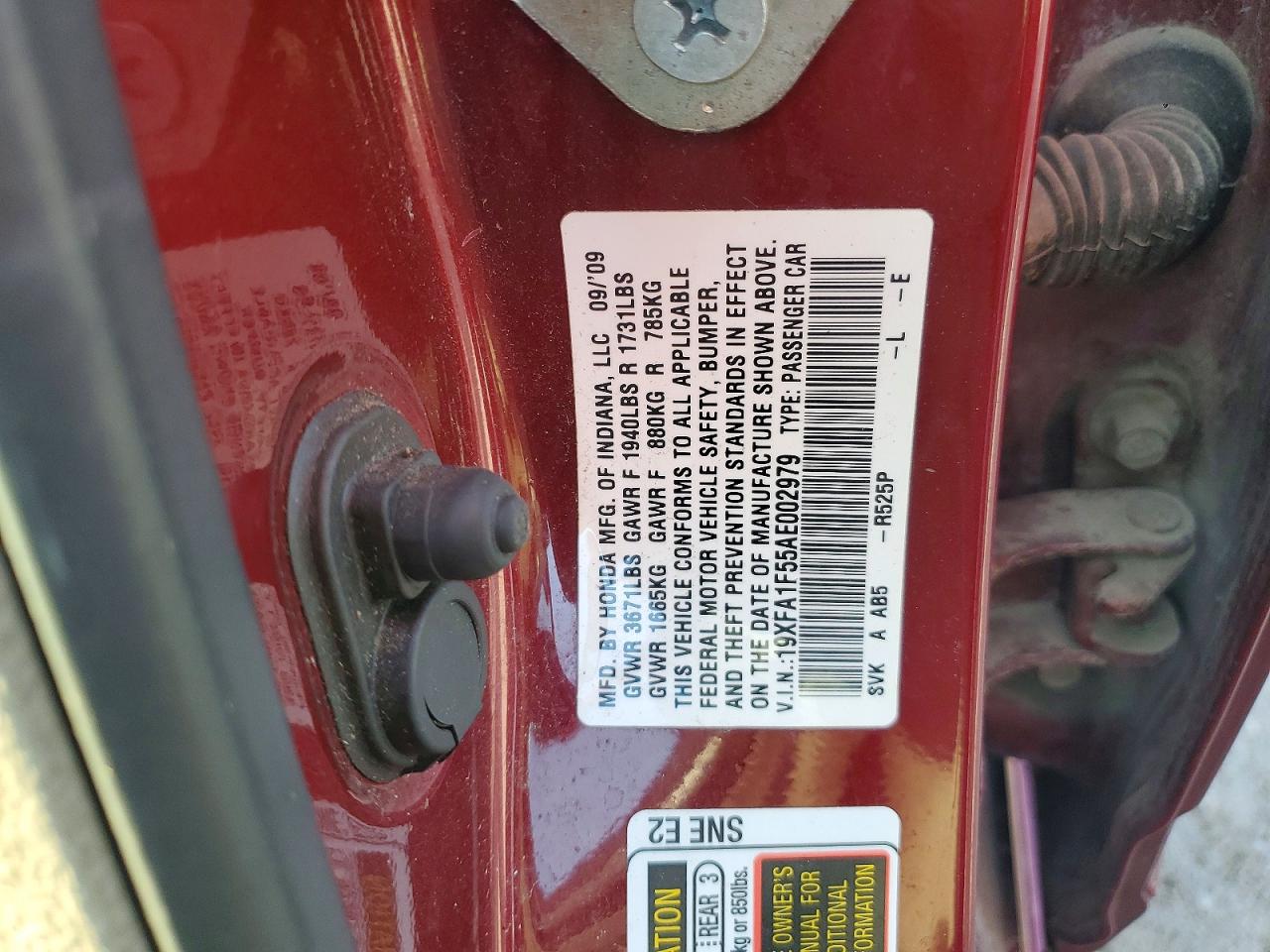2010 Honda Civic Lx Maroon vin: 19XFA1F55AE002979