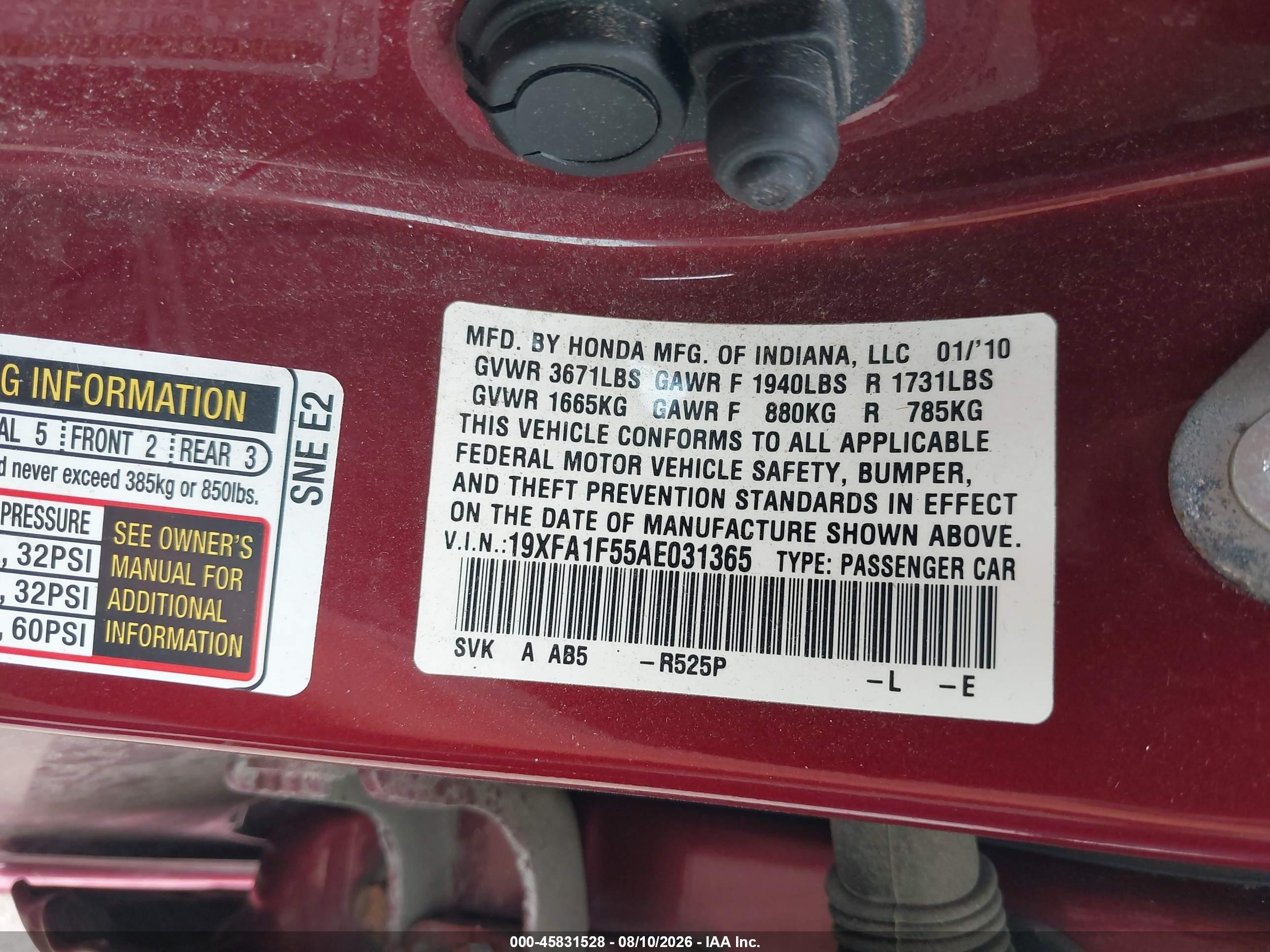 2010 Honda Civic Lx Red vin: 19XFA1F55AE031365