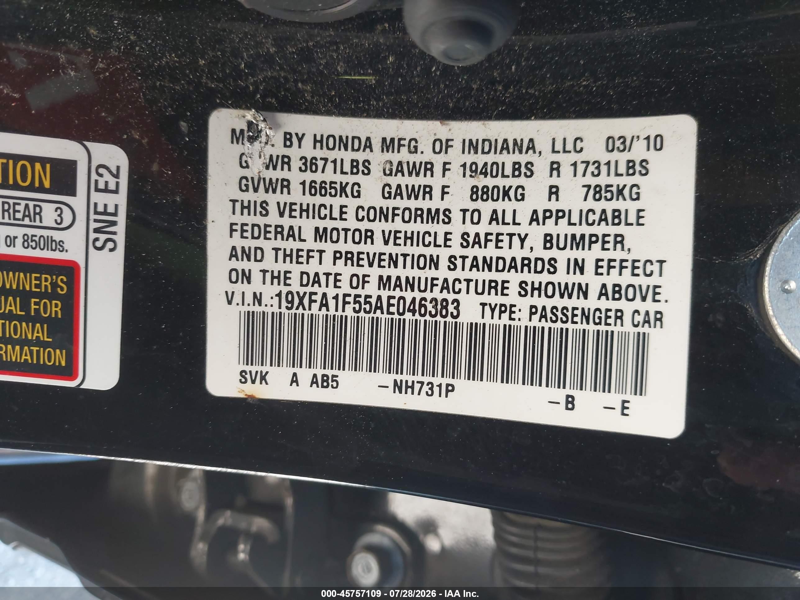 2010 Honda Civic Lx Black vin: 19XFA1F55AE046383