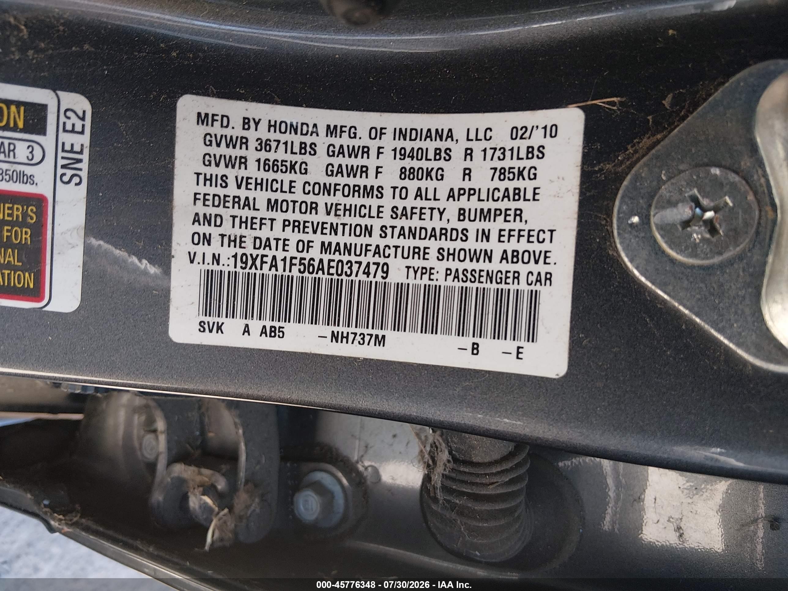 2010 Honda Civic Lx Gray vin: 19XFA1F56AE037479
