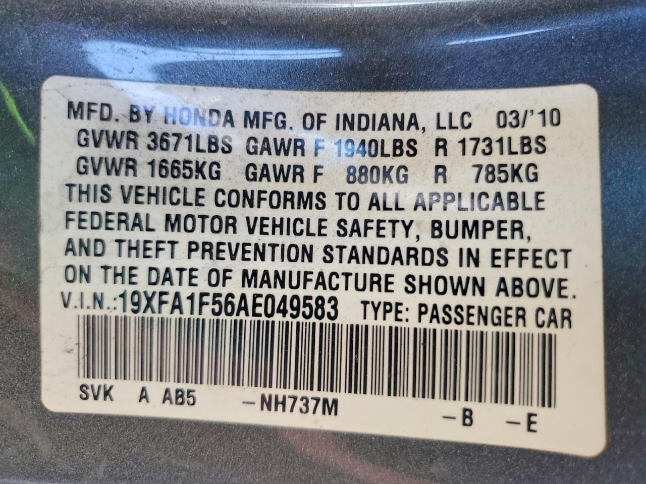 2010 Honda Civic Lx Gray vin: 19XFA1F56AE049583