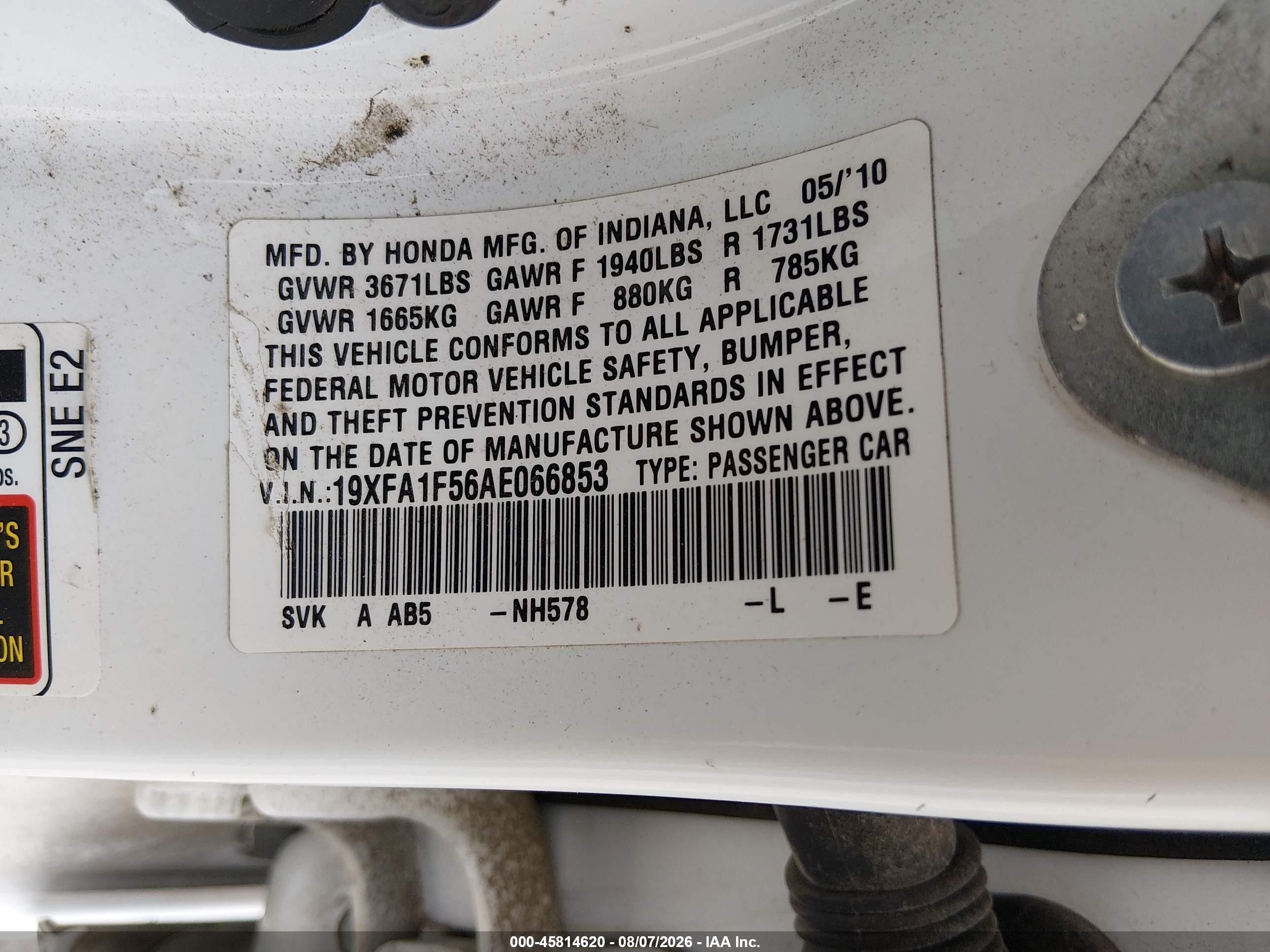 2010 Honda Civic Lx White vin: 19XFA1F56AE066853