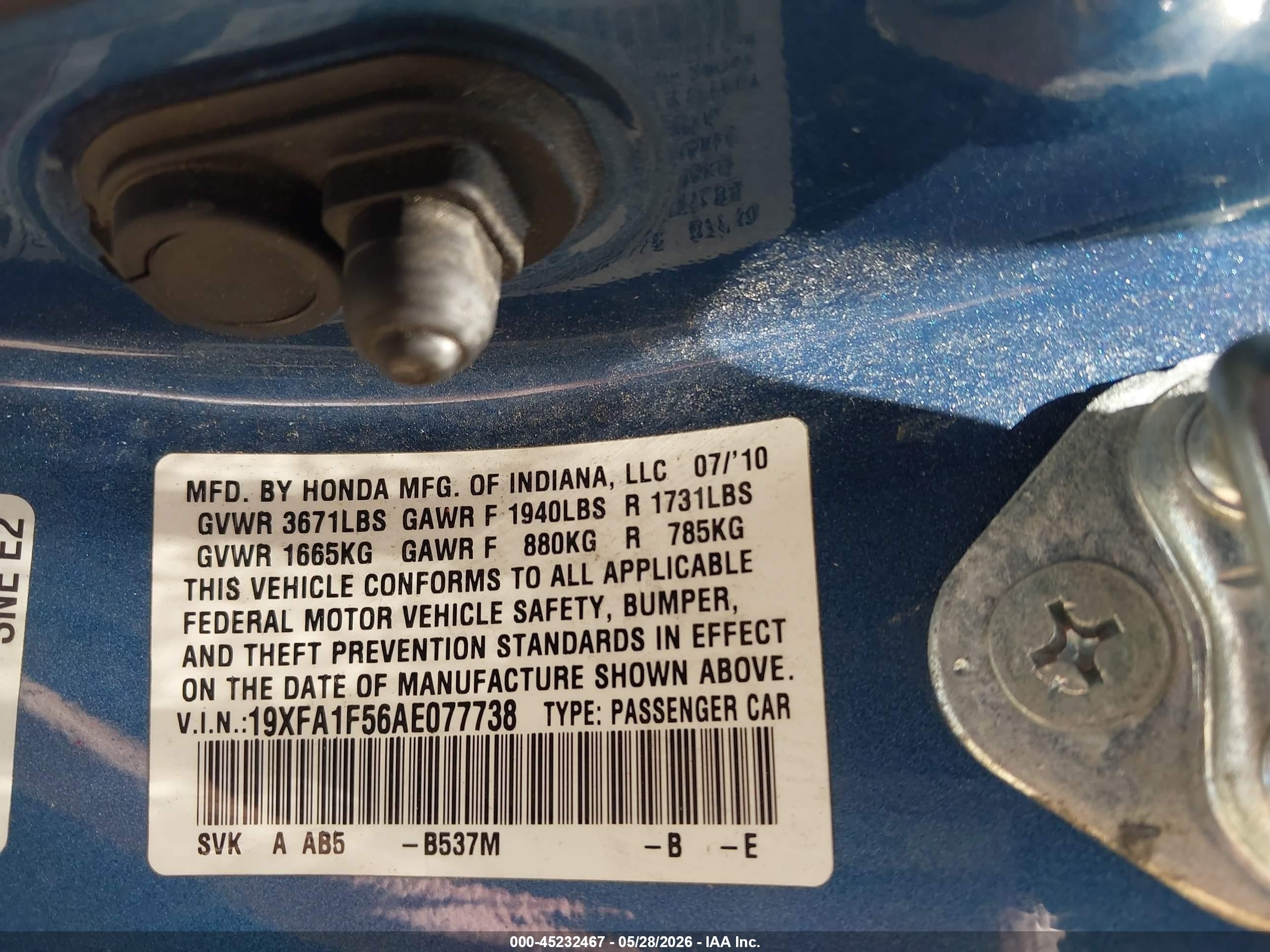 2010 Honda Civic Lx Blue vin: 19XFA1F56AE077738