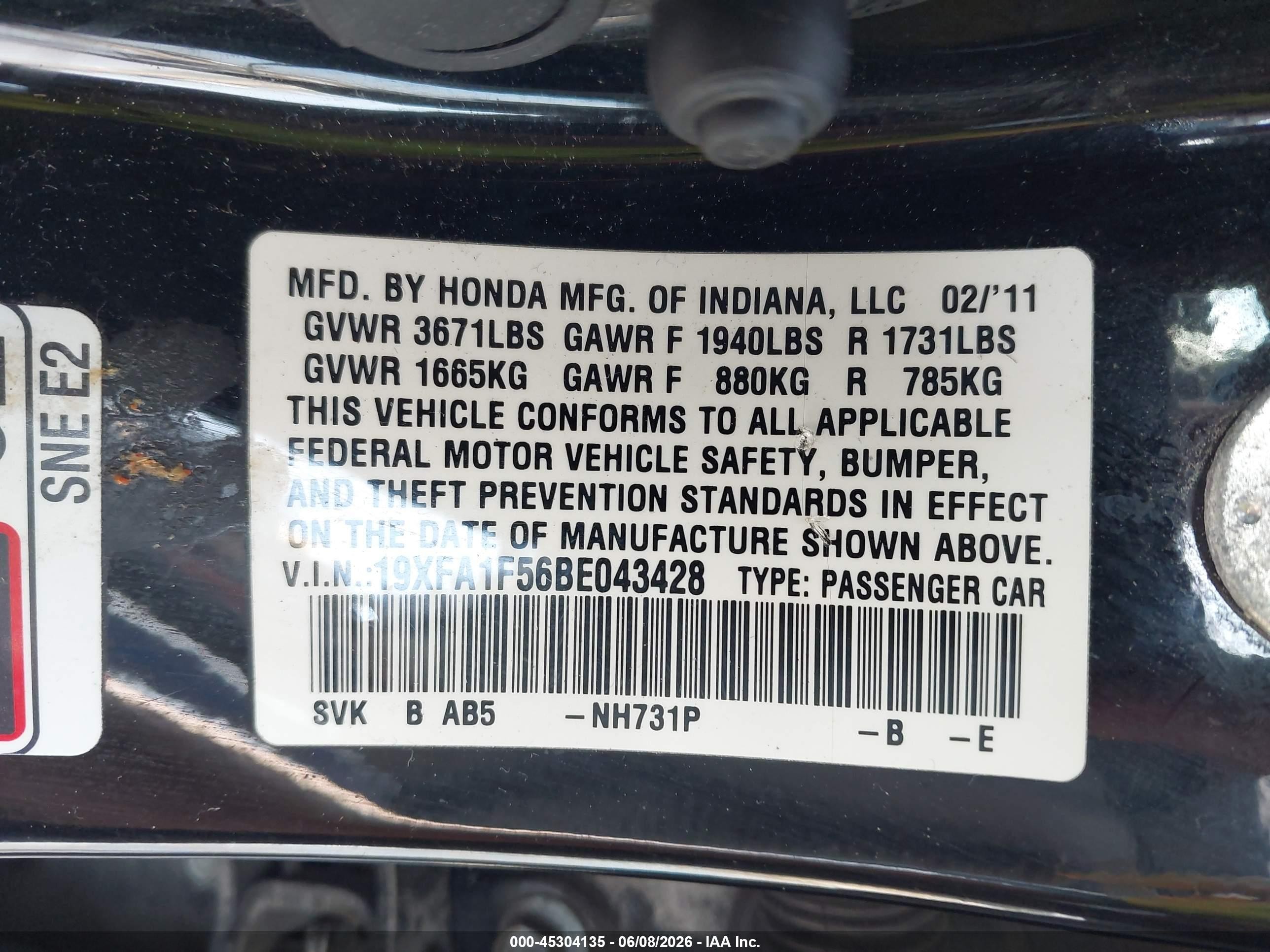 2011 Honda Civic Lx Black vin: 19XFA1F56BE043428