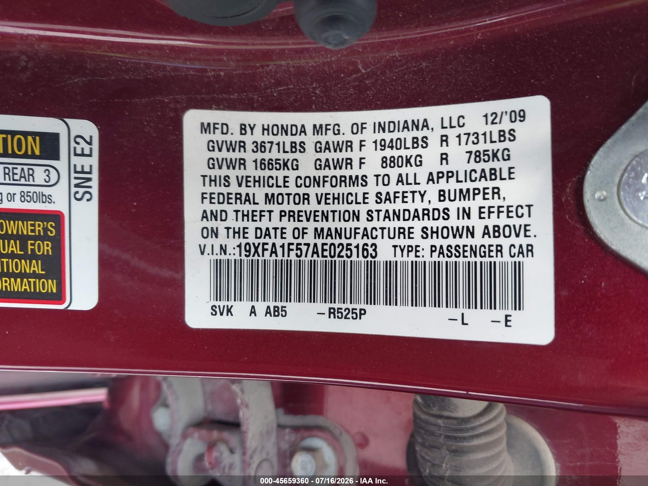 2010 Honda Civic Lx Red vin: 19XFA1F57AE025163