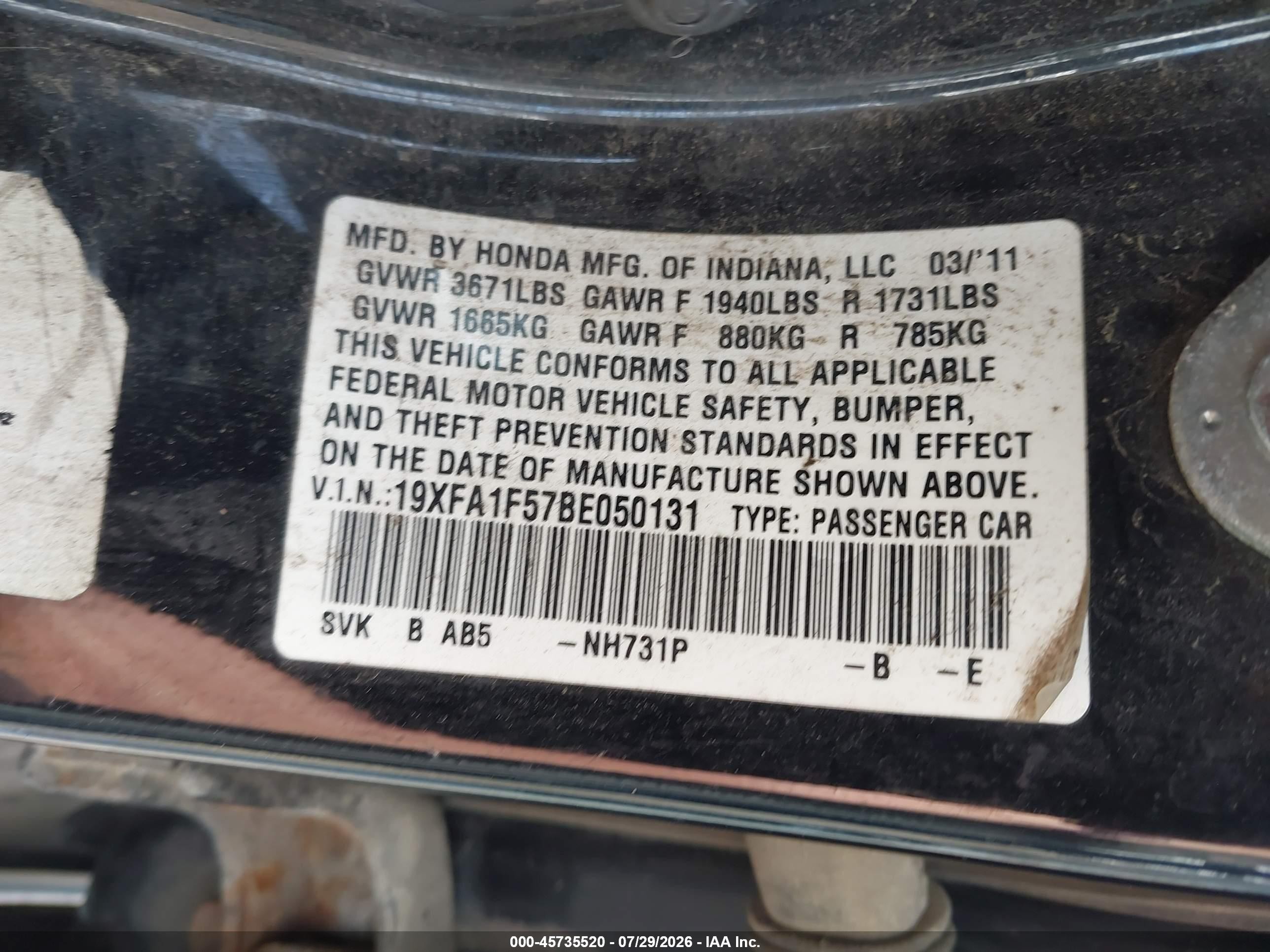 2011 Honda Civic Lx Black vin: 19XFA1F57BE050131