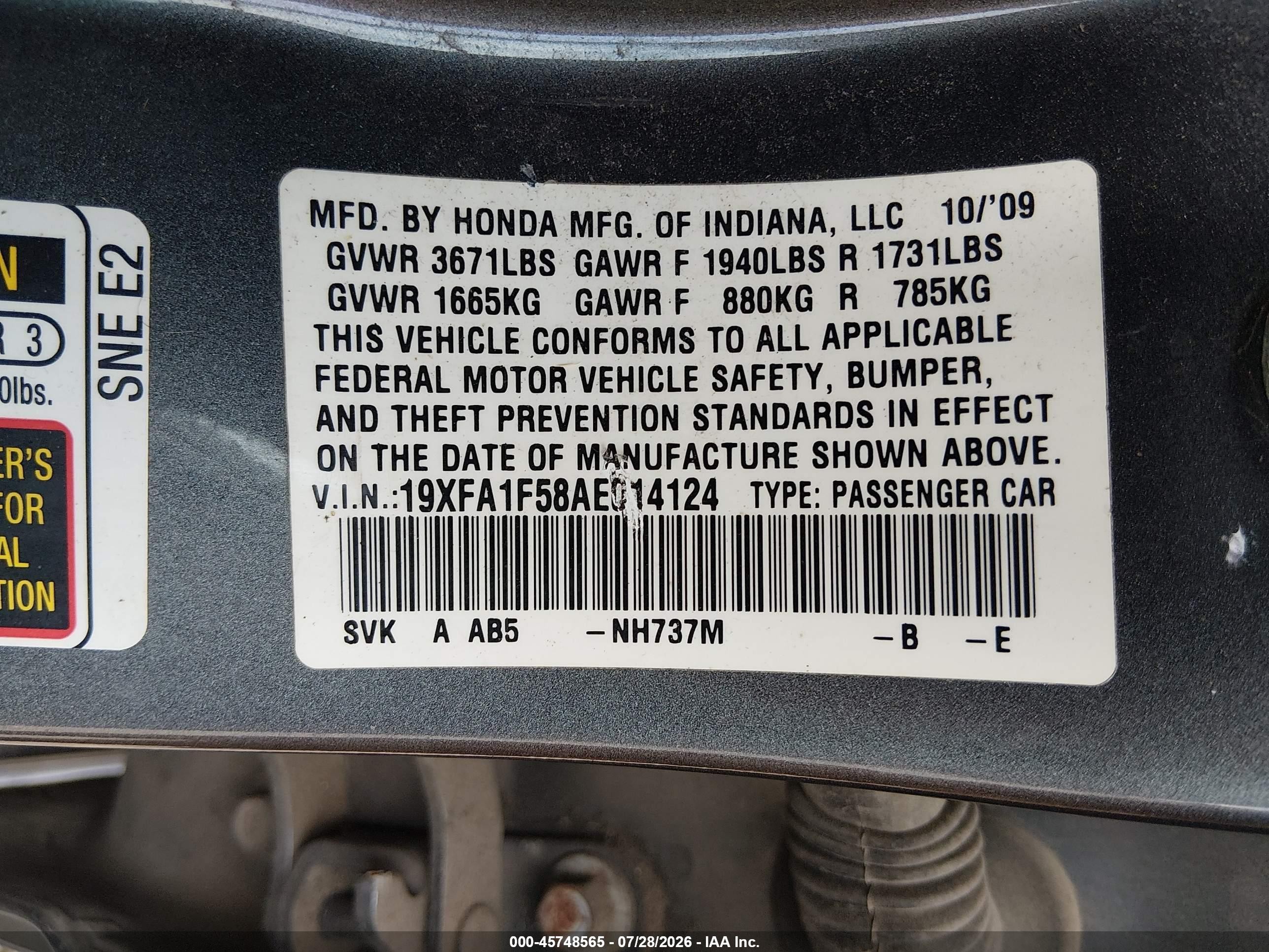 2010 Honda Civic Lx Gray vin: 19XFA1F58AE014124