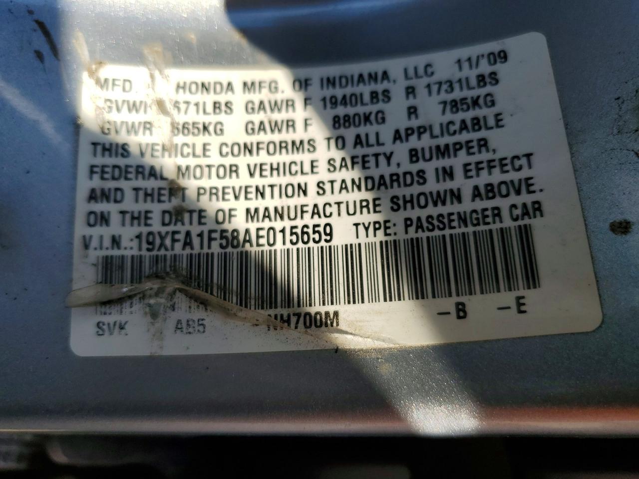 2010 Honda Civic Silver vin: 19XFA1F58AE015659